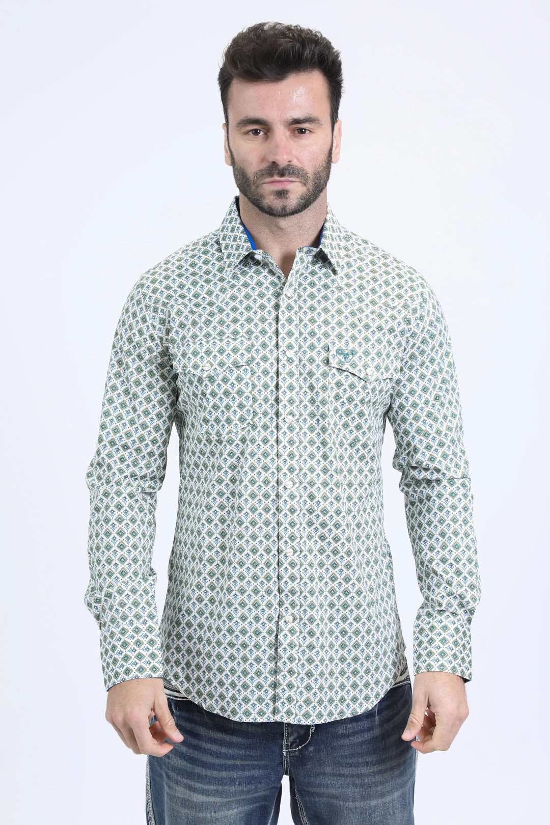 Durable Button Closures stain resistant coating Mens Western Modern Fit Cotton/Spandex Long Sleeve White Shirt with Snaps