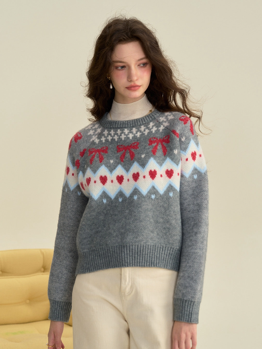 ??Final Sale??Elina Round Neck Ribbed Embroidered Bow Heartcore Sweater Happy Core QuickReleaseFastenings