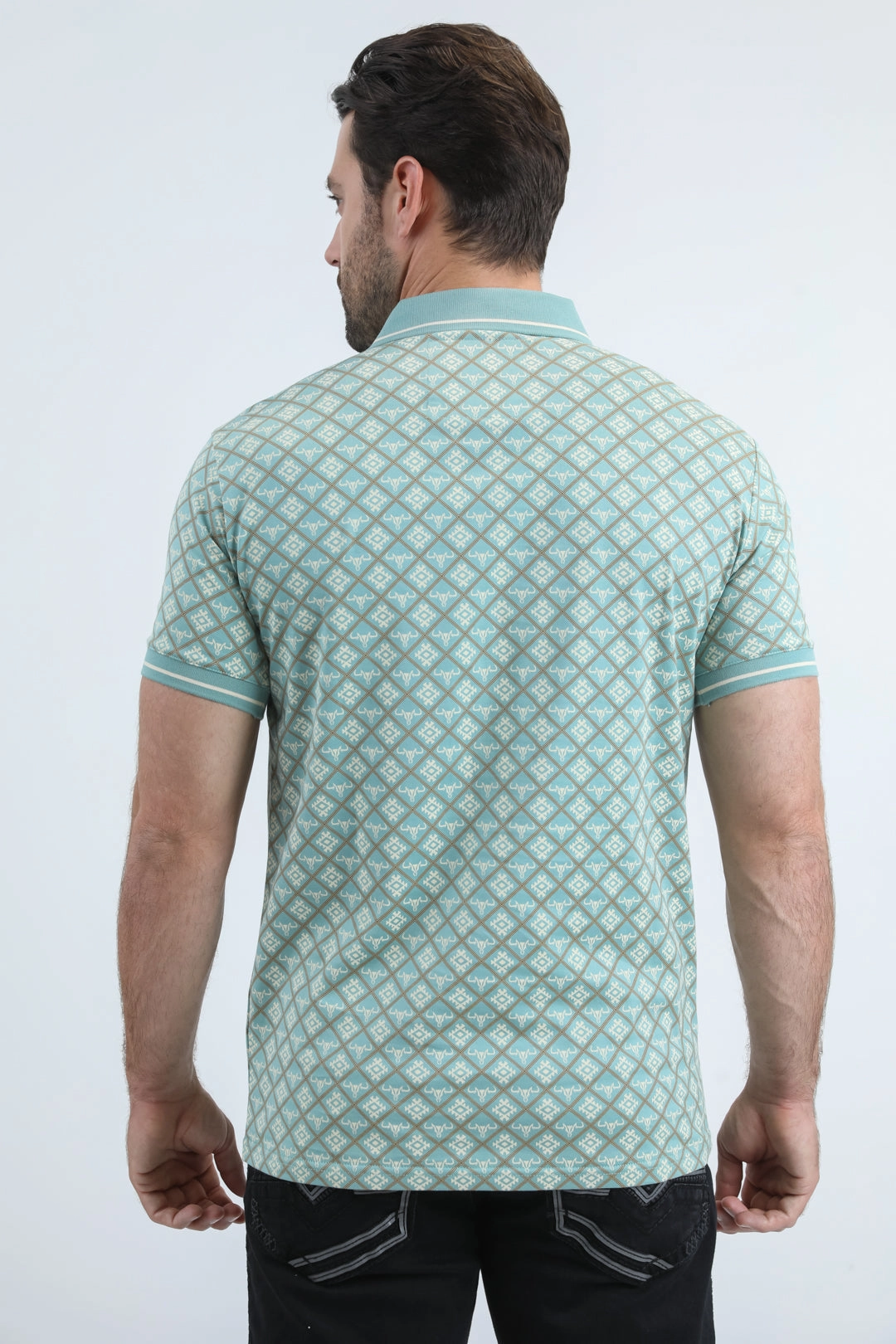 Chic Wear Mens Modern Fit Stretch Cotton Blue Polo with Aztec Print