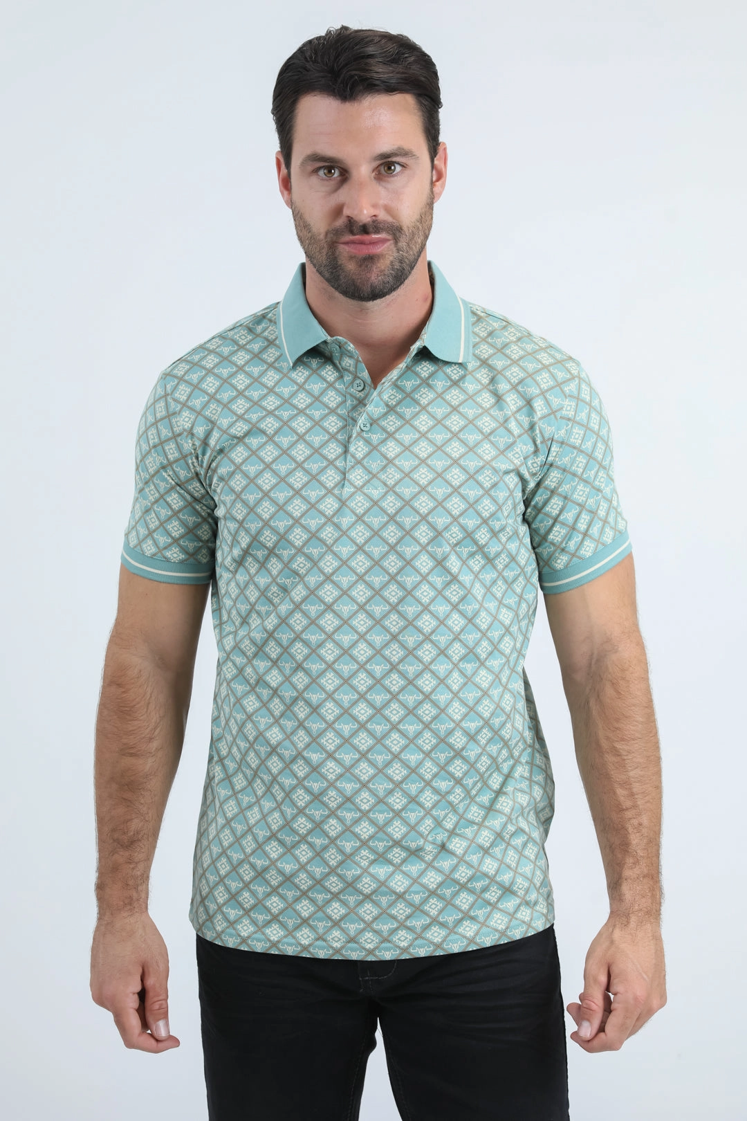Breathable Airflow Channels Mens Modern Fit Stretch Cotton Blue Polo with Aztec Print