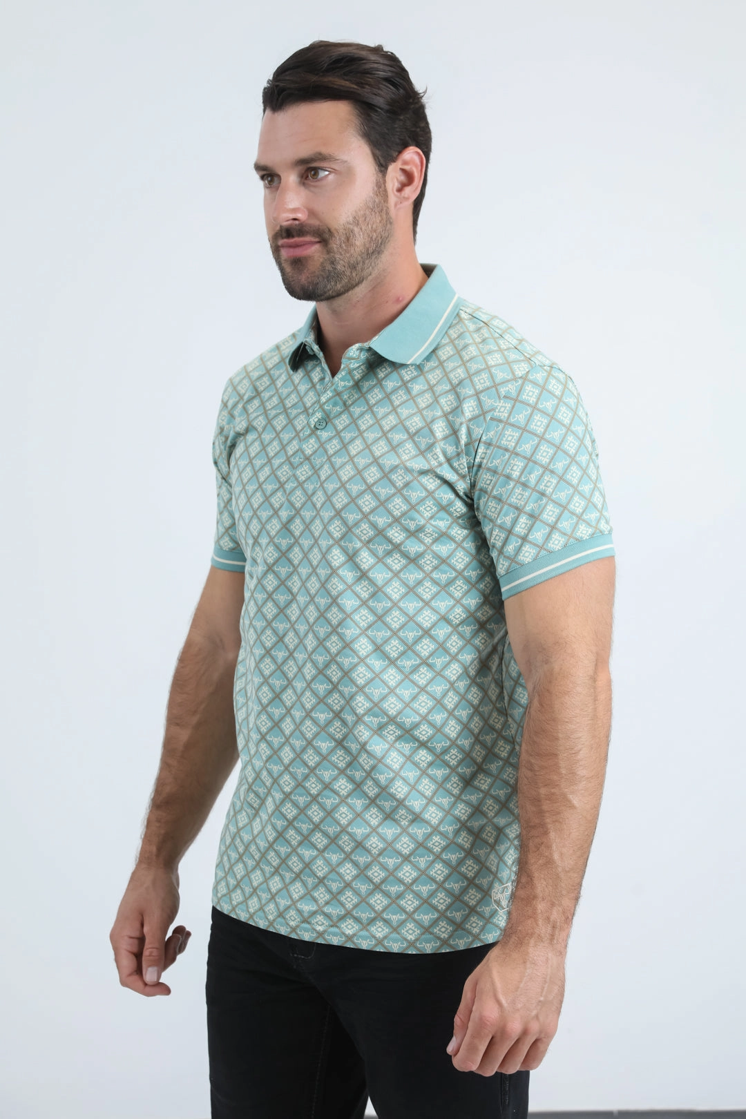 Relaxed Apparel Mens Modern Fit Stretch Cotton Blue Polo with Aztec Print