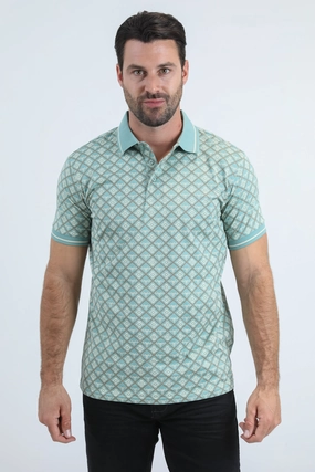 Breathable Airflow Channels Mens Modern Fit Stretch Cotton Blue Polo with Aztec Print