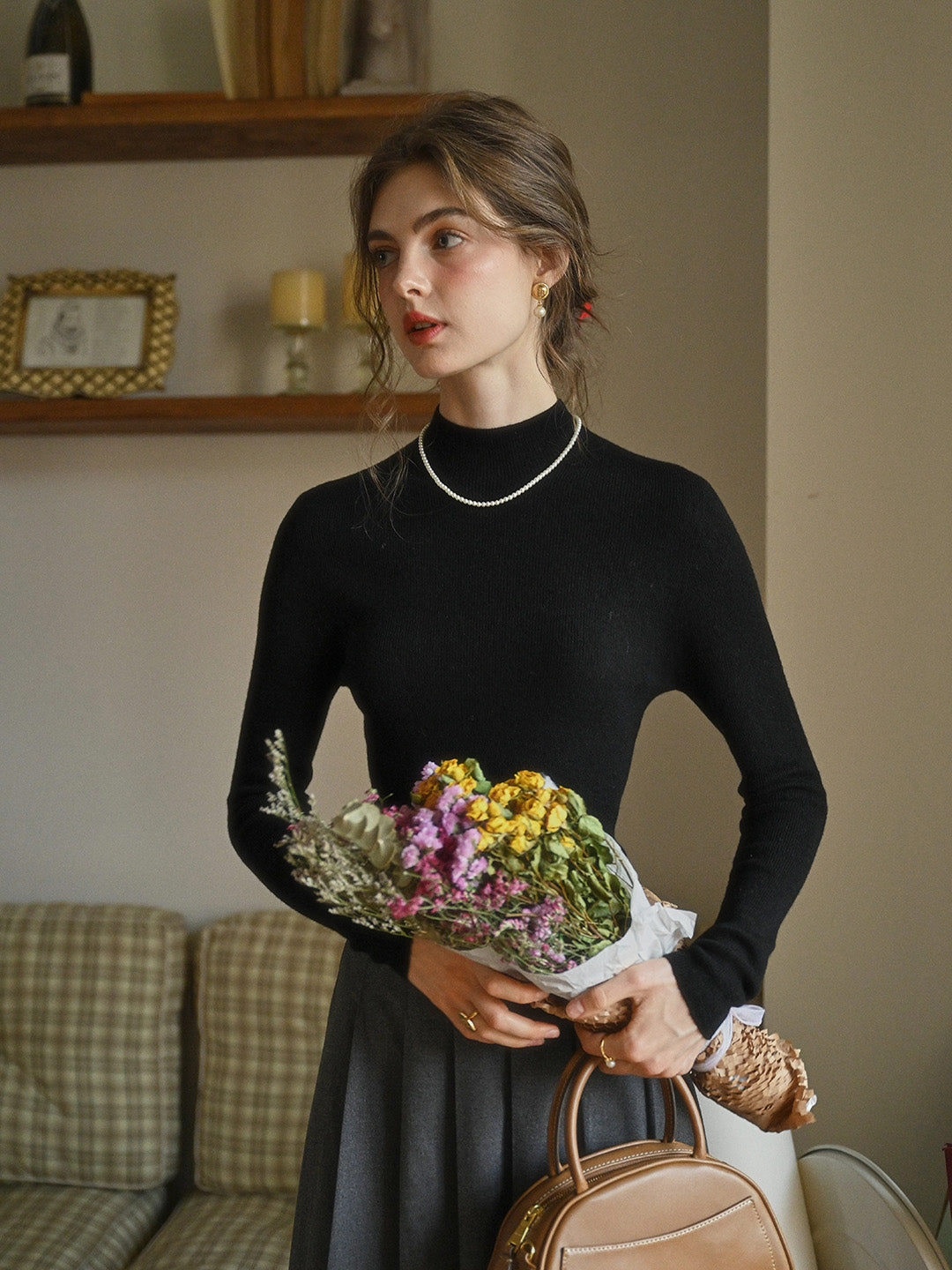 Erin 100% Wool Simple Mock Neck Slim Fit Sweater - Black Layered Look