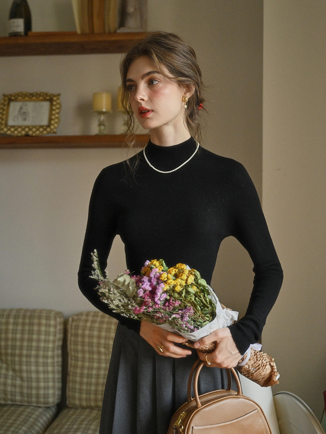 Erin 100% Wool Simple Mock Neck Slim Fit Sweater - Black Moon Beam