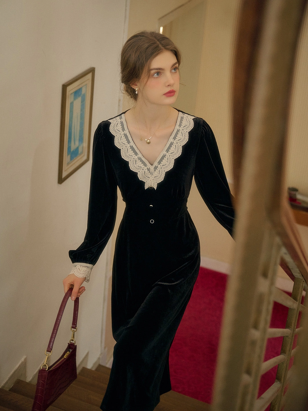 Kristen Elegant V-Neck Contrasting Lace Velvet Dress Stretchable Fabric