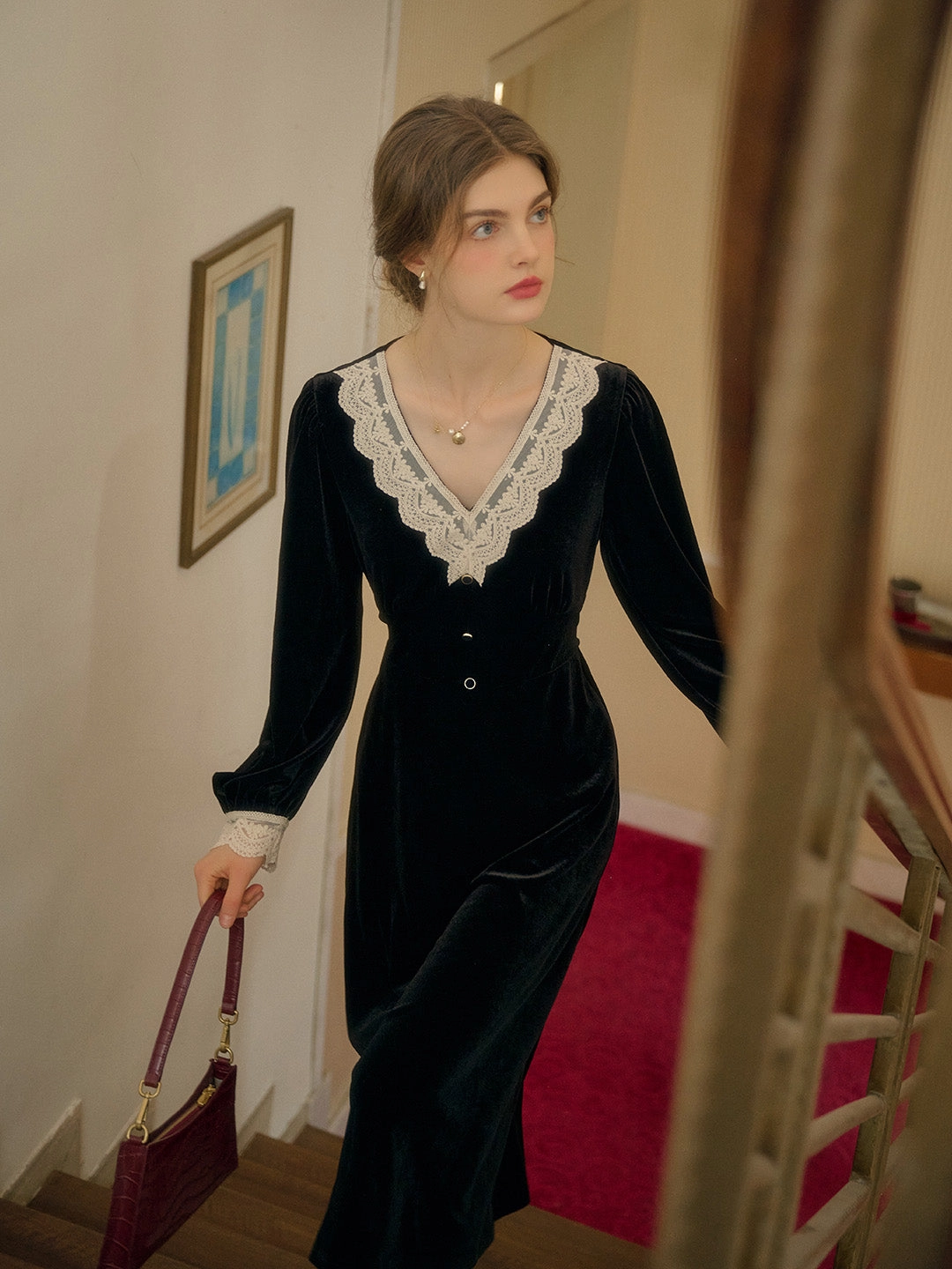 Kristen Elegant V-Neck Contrasting Lace Velvet Dress ButterSoftKnit