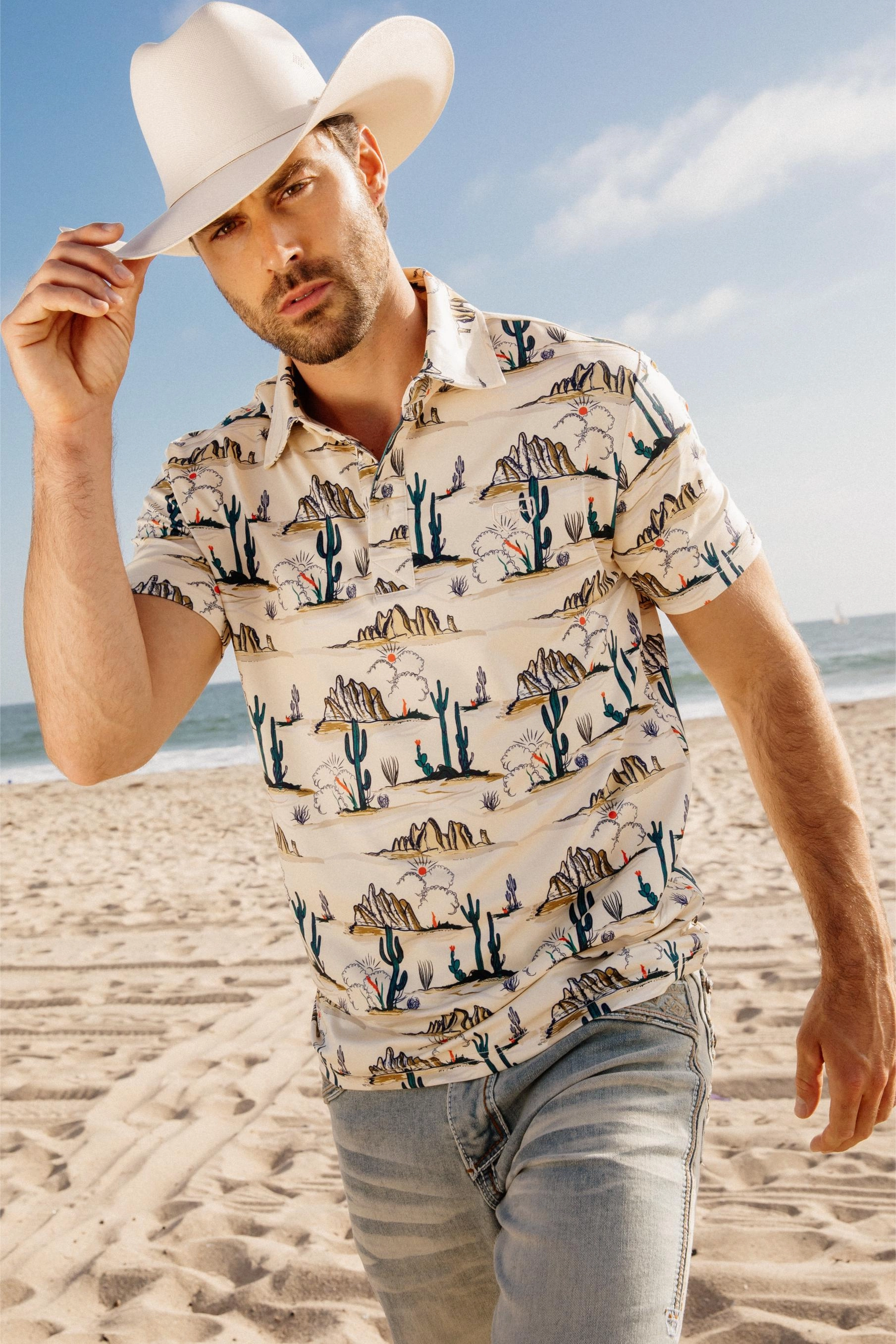 Mens Performance Fabric Modern Fit Stretch Cactus Print Polo Classic Style