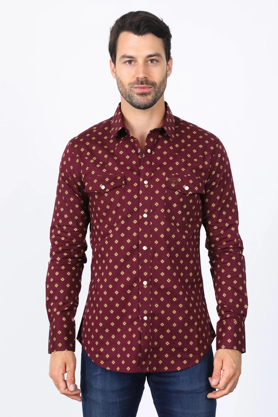 Comfortable Layer Pre Shrunk Cotton Blend Mens Western Modern Fit Wine Long Sleeve Shirt with Snaps