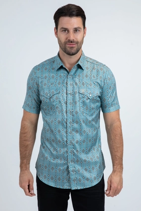 Men's Performance Western Short Sleeve Blue Shirt Tear Resistant Reinforcement