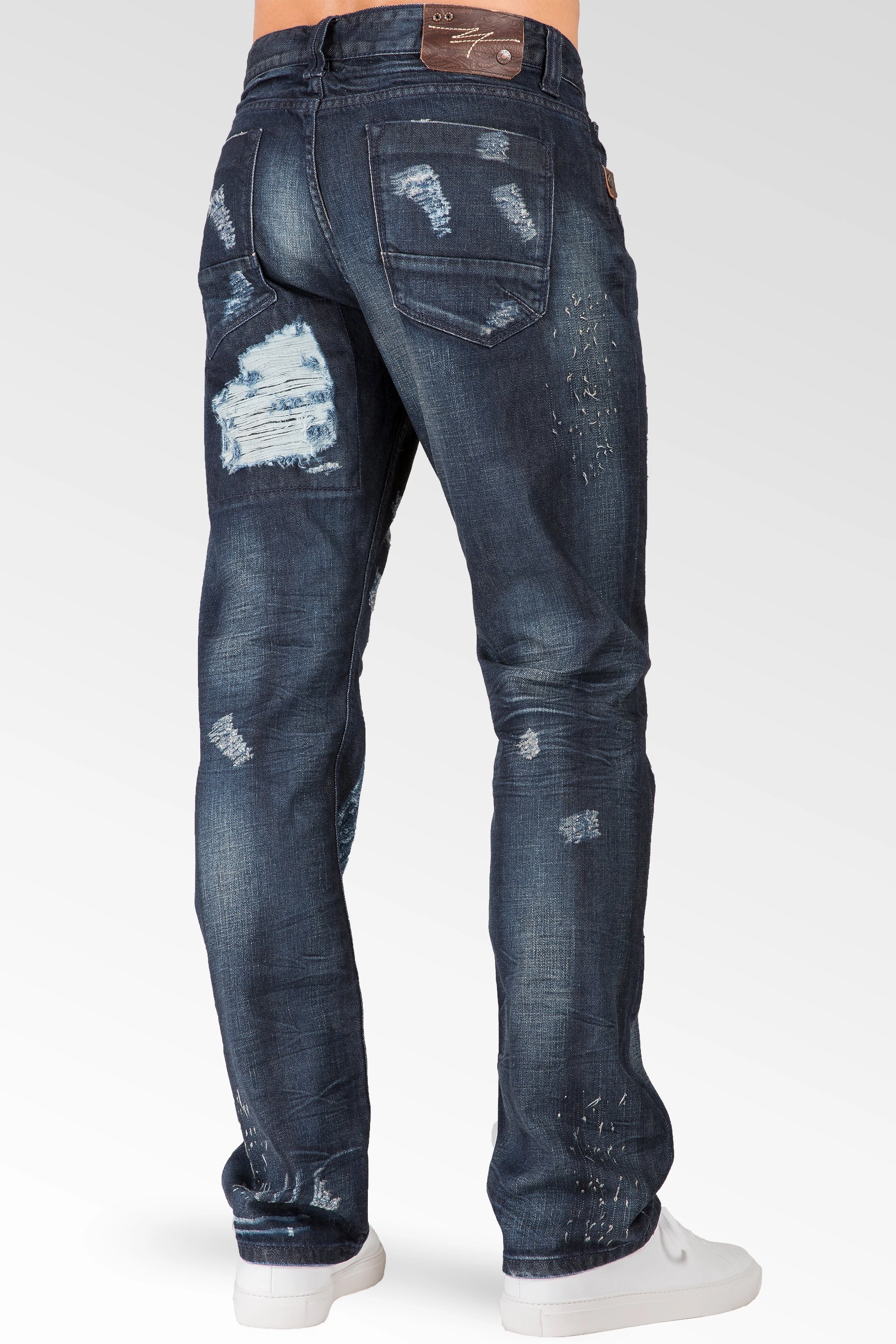 Relaxation Wear Slim Straight Dark Blue Indigo Premium Denim Signature 5 Pocket Jeans Destroyed & Repaired