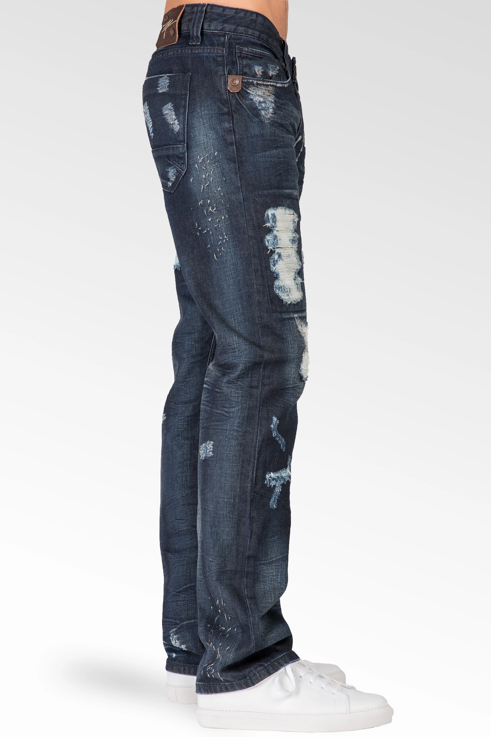 Slim Straight Dark Blue Indigo Premium Denim Signature 5 Pocket Jeans Destroyed & Repaired Easy Fashion ReinforcedHems