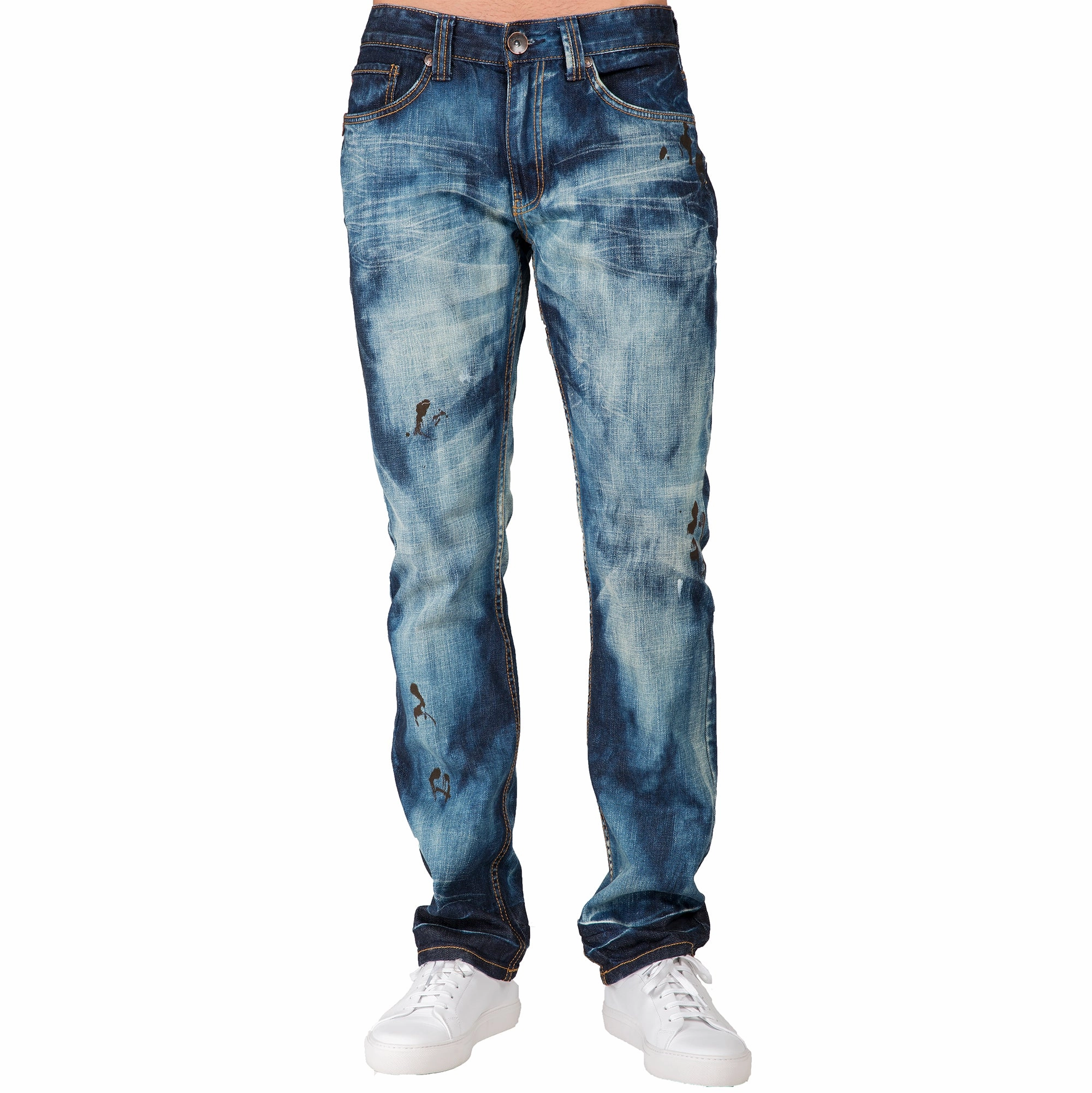 Compression Fit Slim Straight Dark Cloud Blue Premium Denim 5 Pocket Jeans Sanding Whisker Paint Splatter