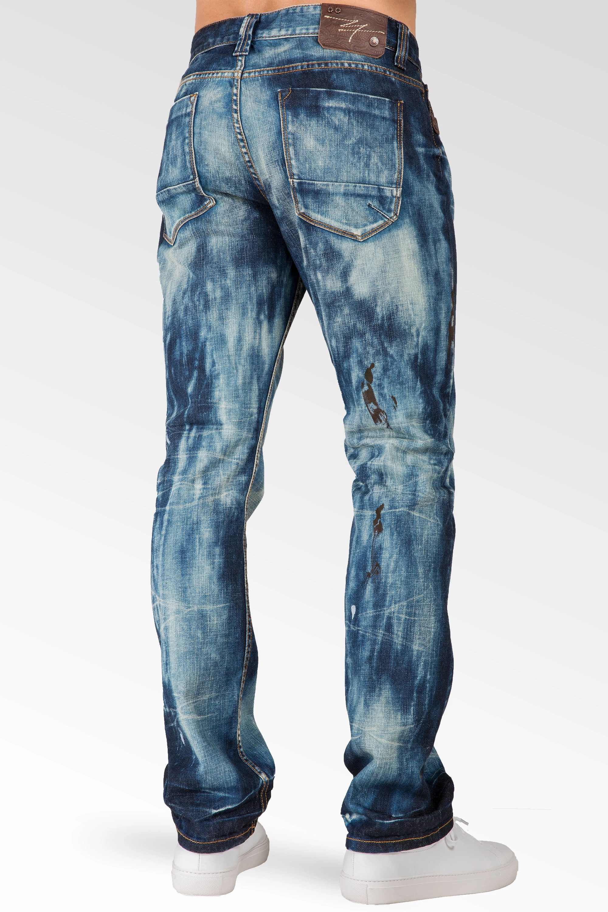 Slim Straight Dark Cloud Blue Premium Denim 5 Pocket Jeans Sanding Whisker Paint Splatter Sunset Scene Model Glow