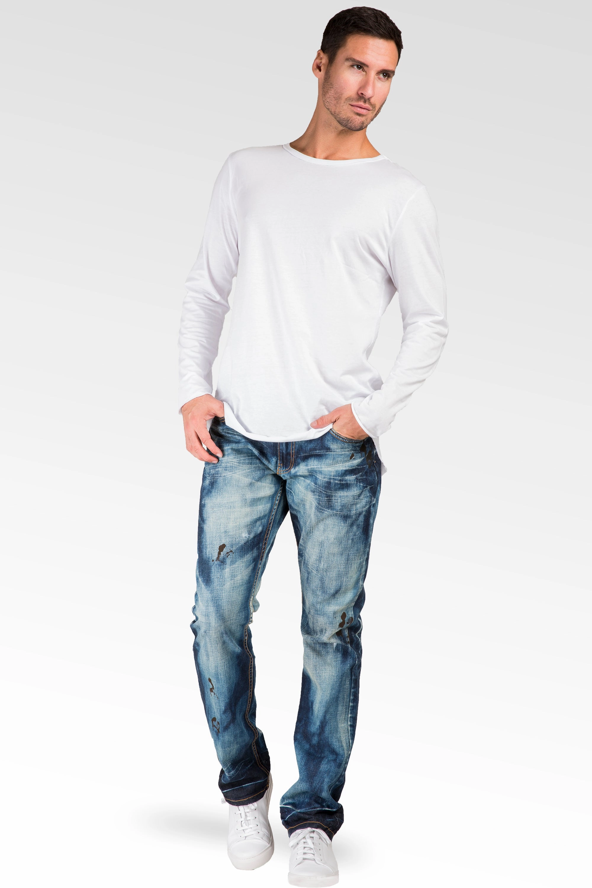 StainRepellentSurface Slim Straight Dark Cloud Blue Premium Denim 5 Pocket Jeans Sanding Whisker Paint Splatter