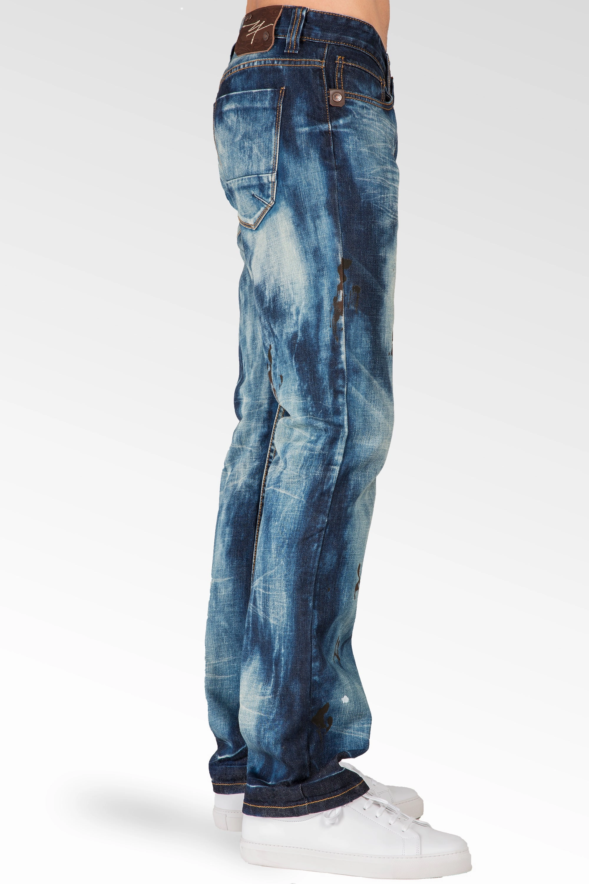 ReinforcedStitching China Cool Slim Straight Dark Cloud Blue Premium Denim 5 Pocket Jeans Sanding Whisker Paint Splatter