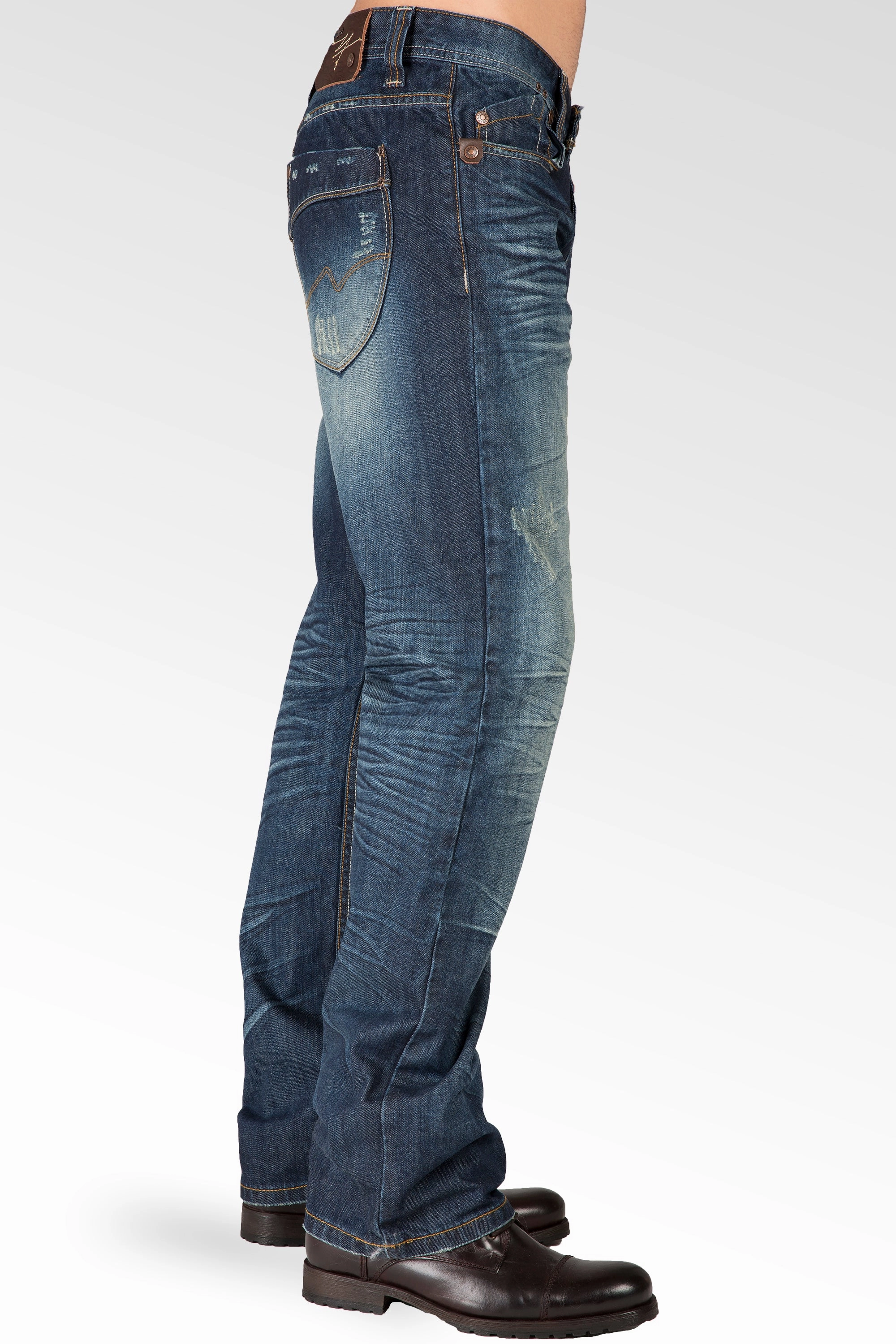 Slim Straight Dark Tinted Blue Hand Rub Premium Denim Signature 5 Pocket Jeans Wrinkle Whiskering Crystal Soul Thermal Insulation