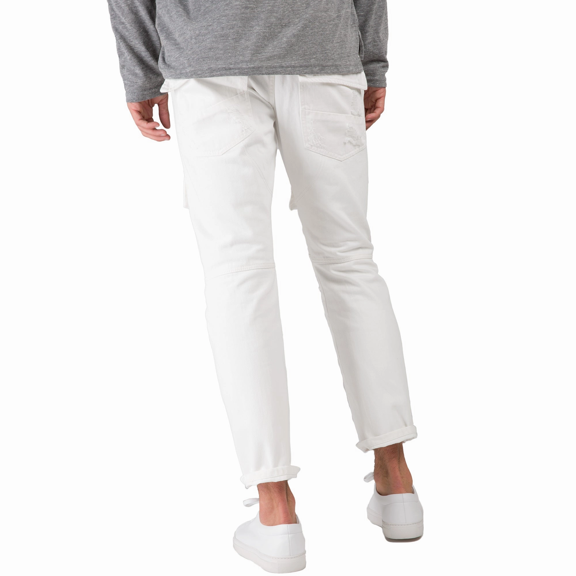 Slim Straight Distressed & Mended White Premium Denim Front Cargo Pocket Jeans Suede Mood