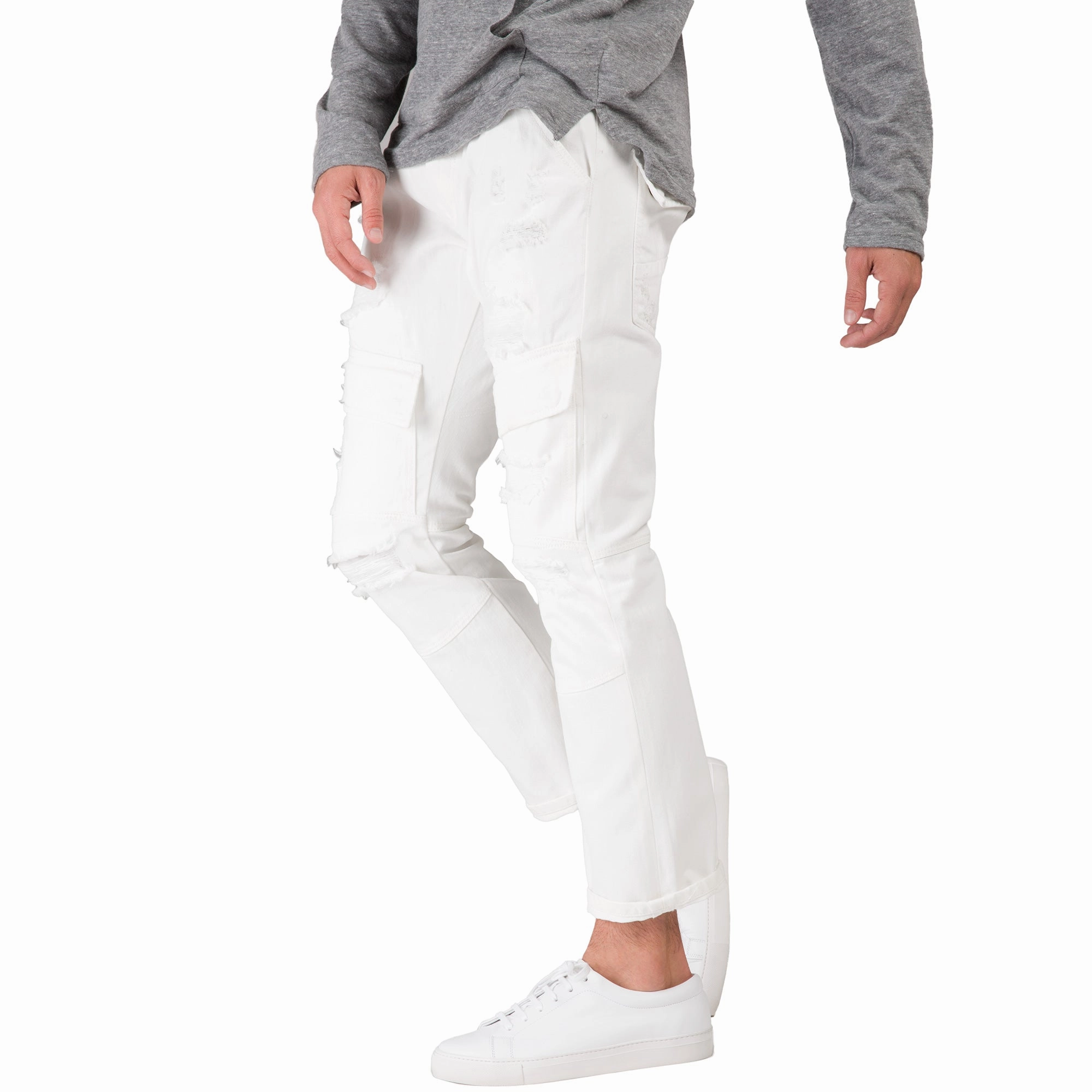 Slim Straight Distressed & Mended White Premium Denim Front Cargo Pocket Jeans Chic Skirt clean look