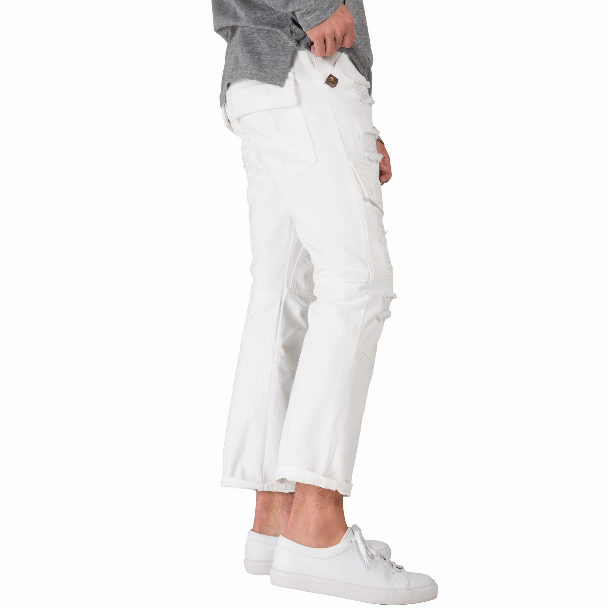 Slim Straight Distressed & Mended White Premium Denim Front Cargo Pocket Jeans Lightweight insulation AntiStatic Cloth