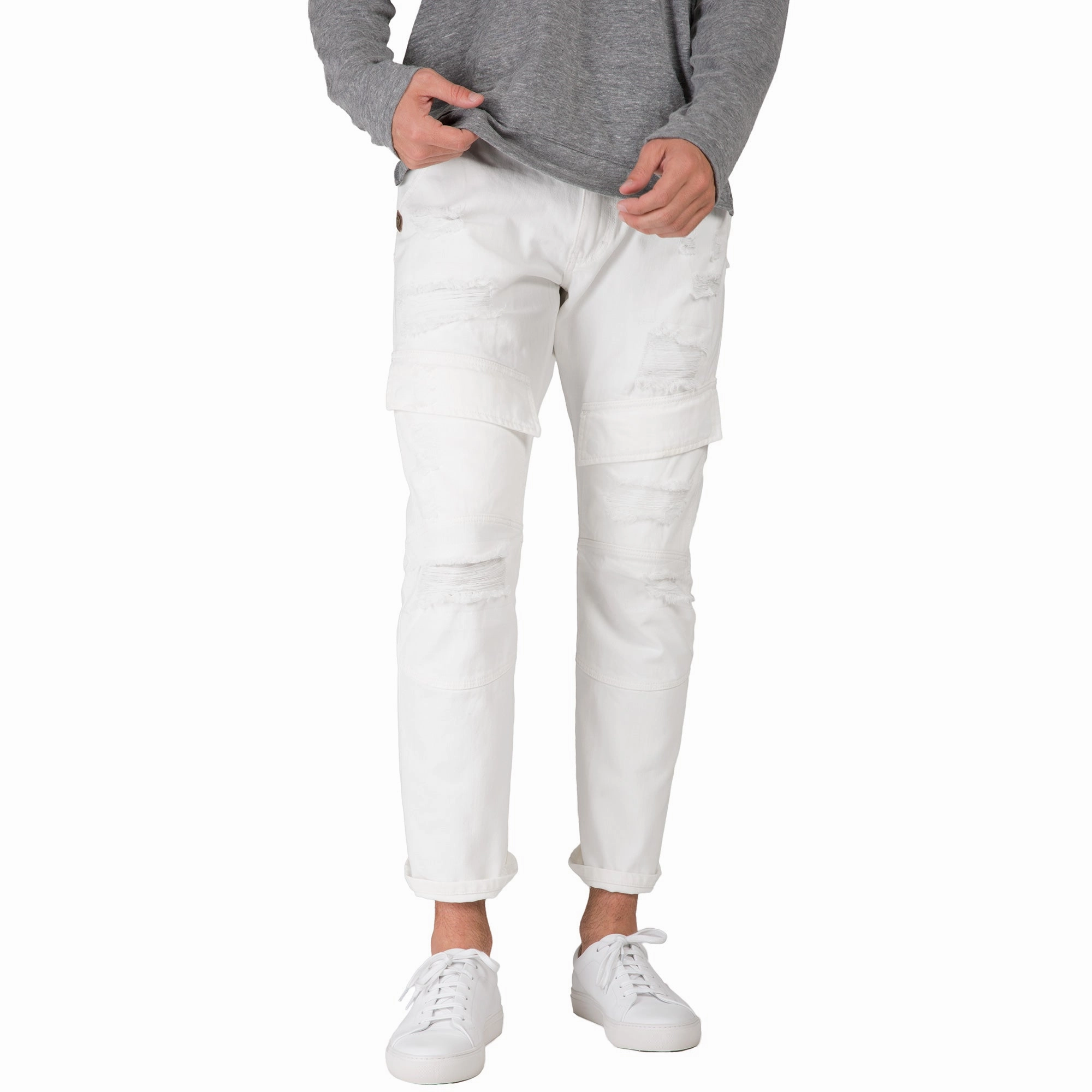 Moon Cool Slim Straight Distressed & Mended White Premium Denim Front Cargo Pocket Jeans