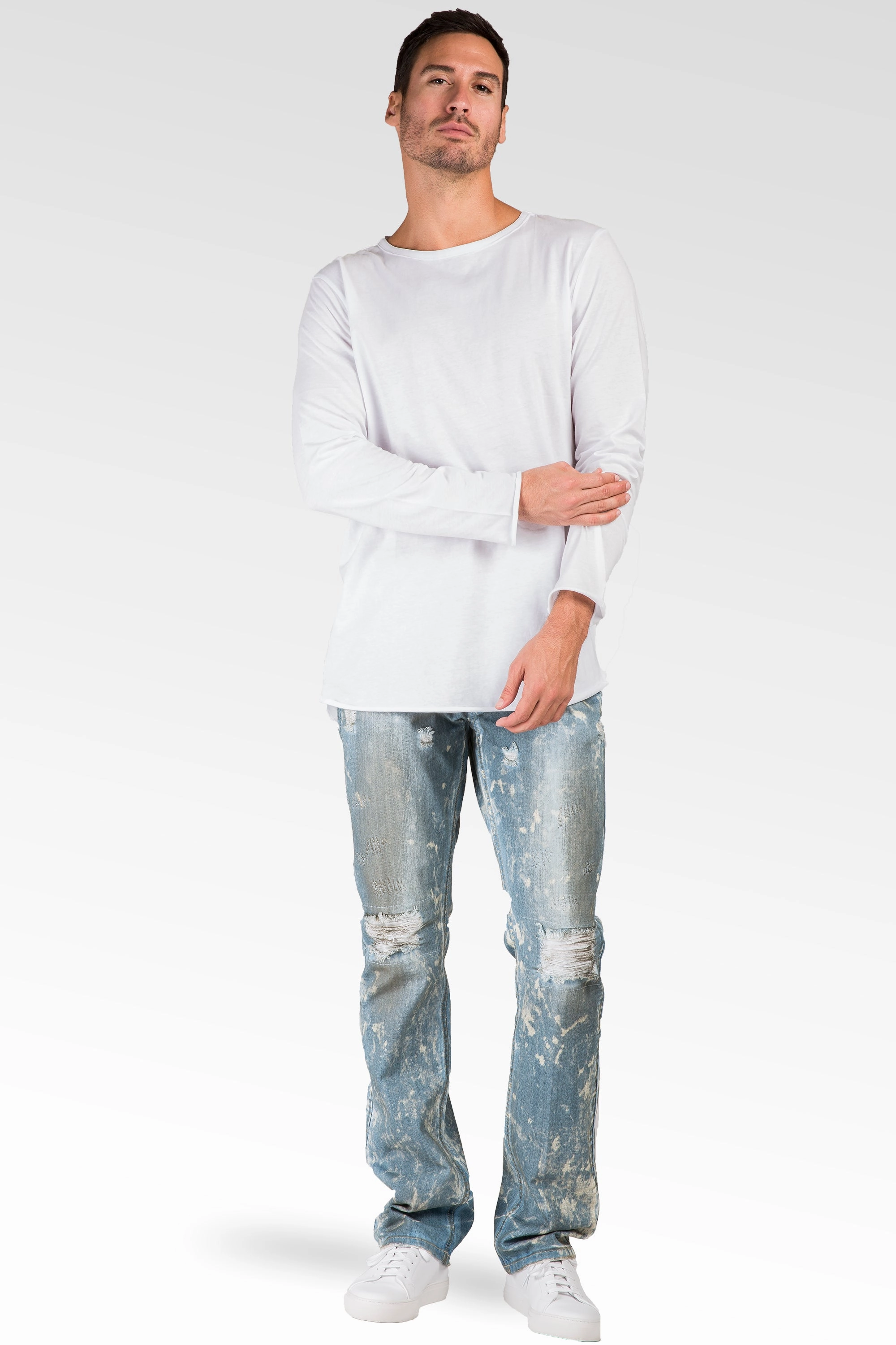 Slim Straight Distressed Bleached Blue Premium Denim Signature 5 Pocket Jeans Paint Splatter Global Edge Holiday Glow