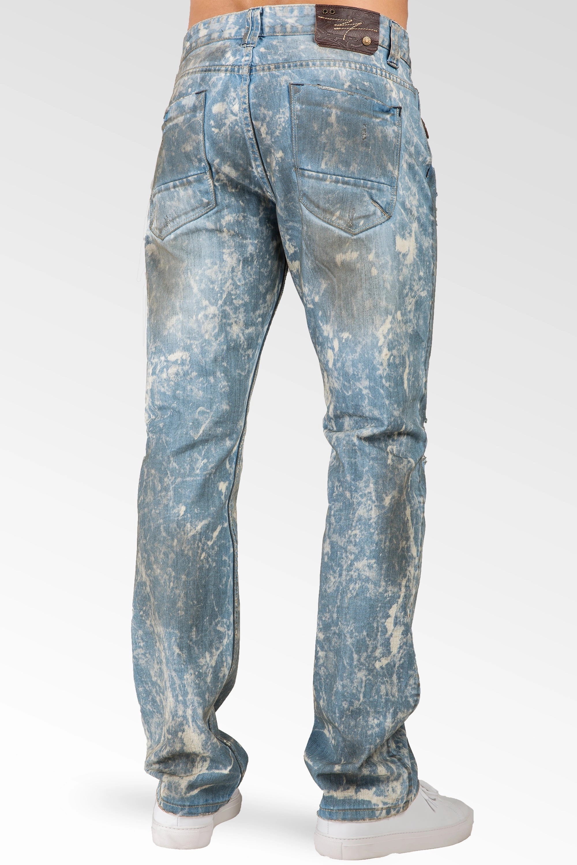 Slim Straight Distressed Bleached Blue Premium Denim Signature 5 Pocket Jeans Paint Splatter Quiet Core