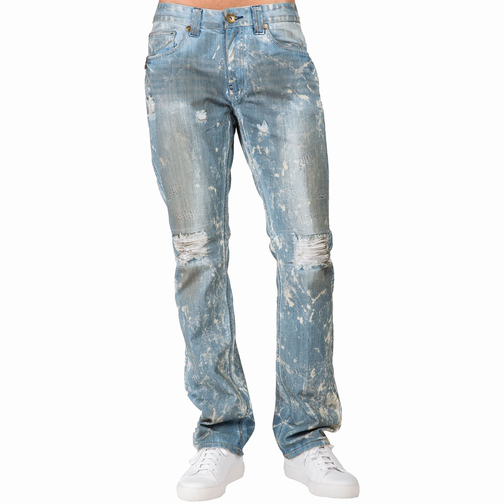 Slim Straight Distressed Bleached Blue Premium Denim Signature 5 Pocket Jeans Paint Splatter Shoot Mood