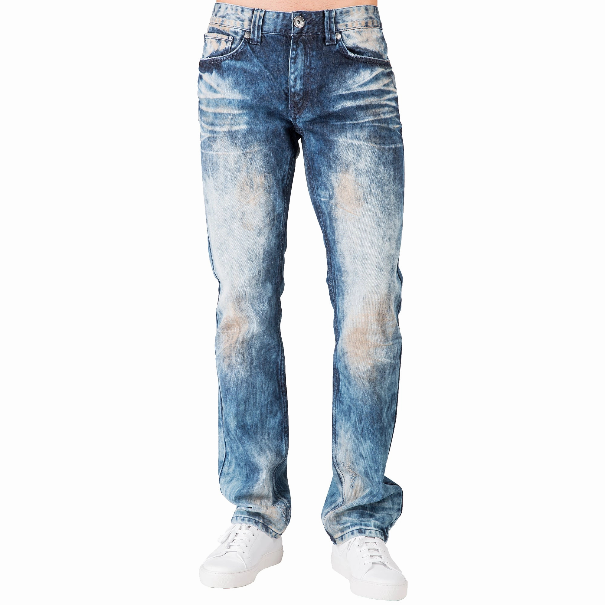 Slim Straight Medium Blue Premium Denim Signature 5 Pocket Jeans Bleached Prism Wash Future Glow