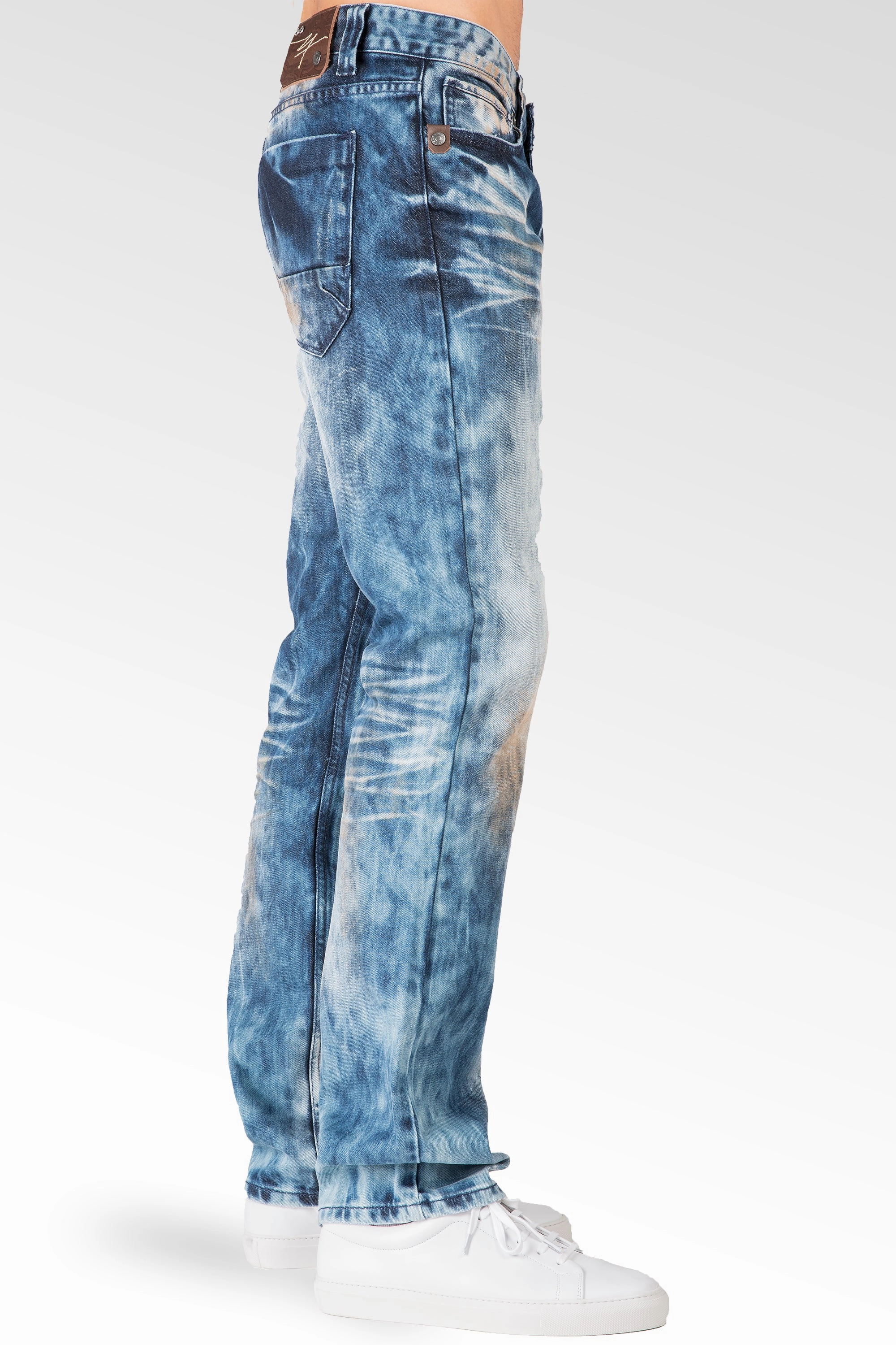 Warm Knit Slim Straight Medium Blue Premium Denim Signature 5 Pocket Jeans Bleached Prism Wash