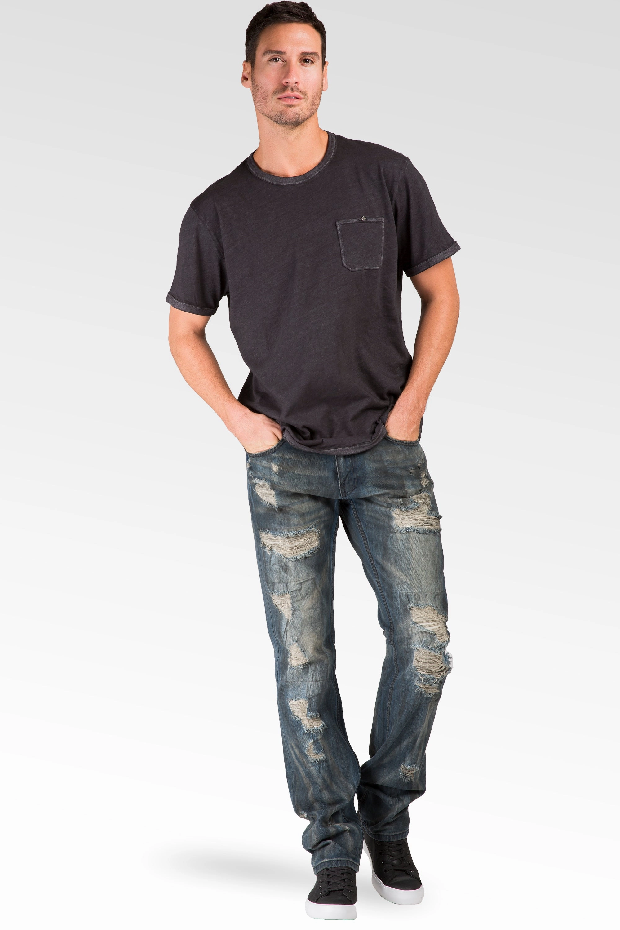 HypoallergenicTextile Slim Straight Premium Denim Black Paint Brushed Dark Blue Jeans Destroyed & Mended