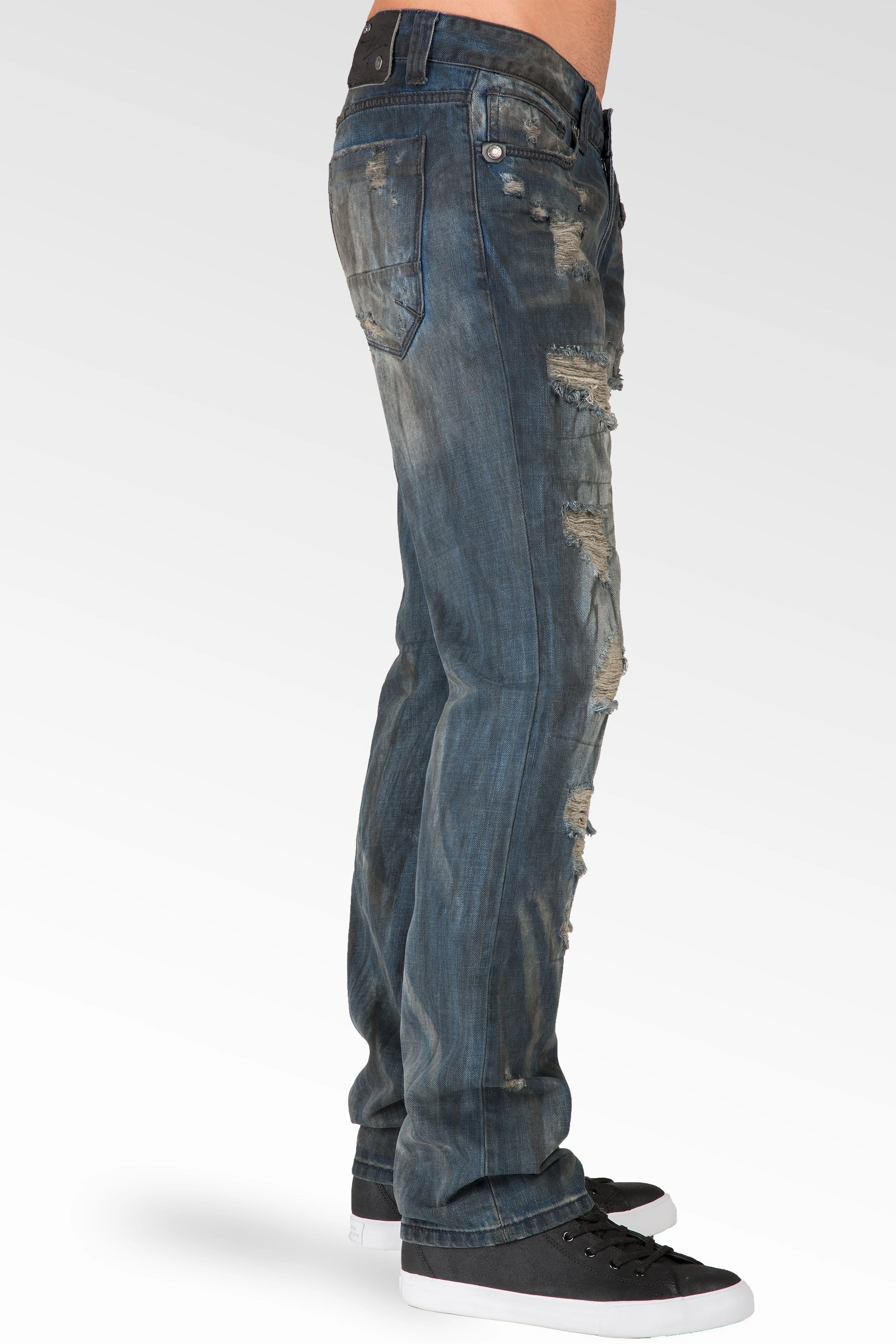 HighElasticity Slim Straight Premium Denim Black Paint Brushed Dark Blue Jeans Destroyed & Mended