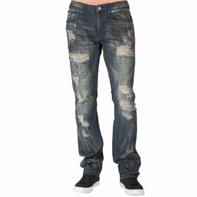 FrictionResistantEdges Slim Straight Premium Denim Black Paint Brushed Dark Blue Jeans Destroyed & Mended