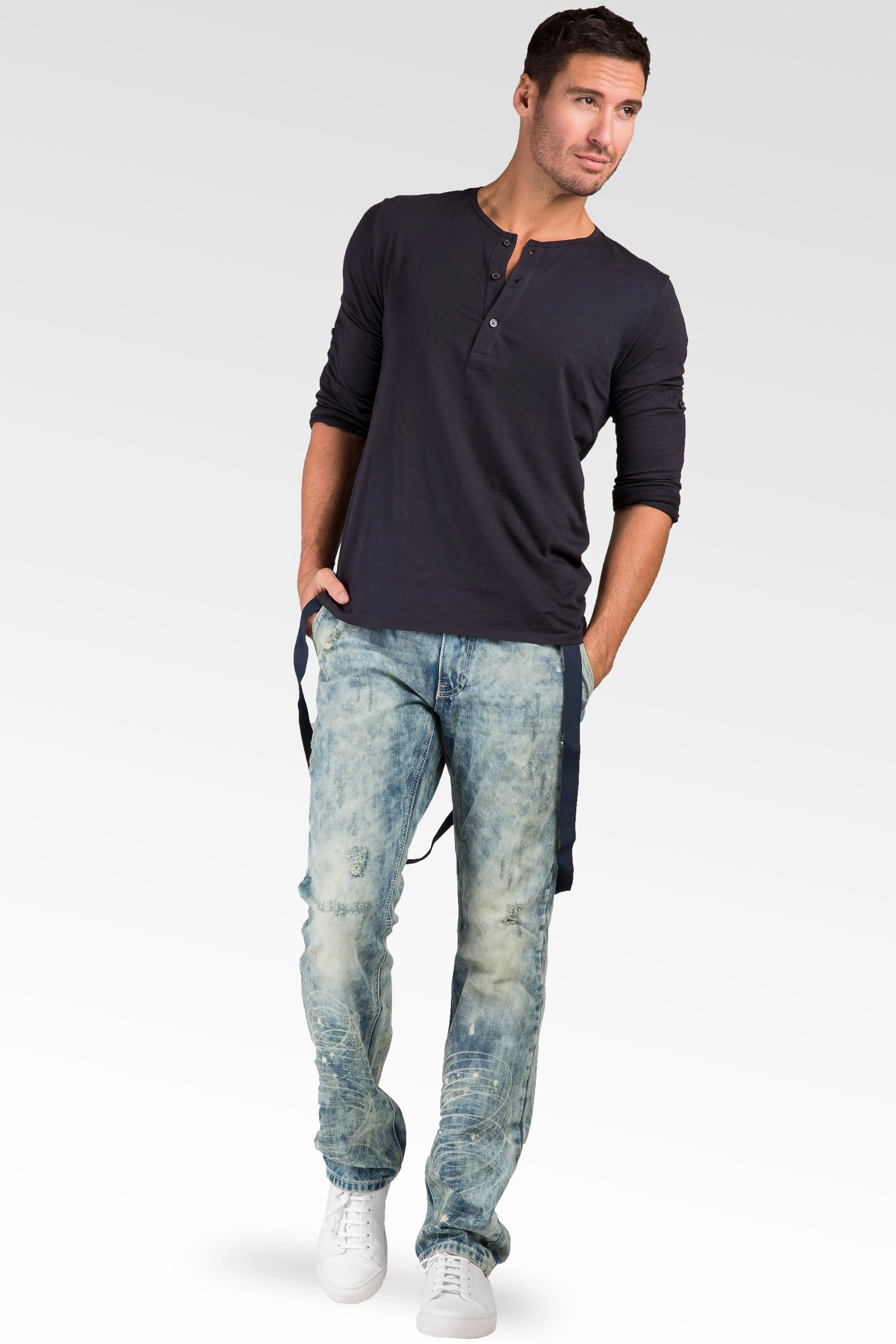 Slim Straight Premium Denim Distressed Acid Washed 5 Pocket Jeans Global Glow