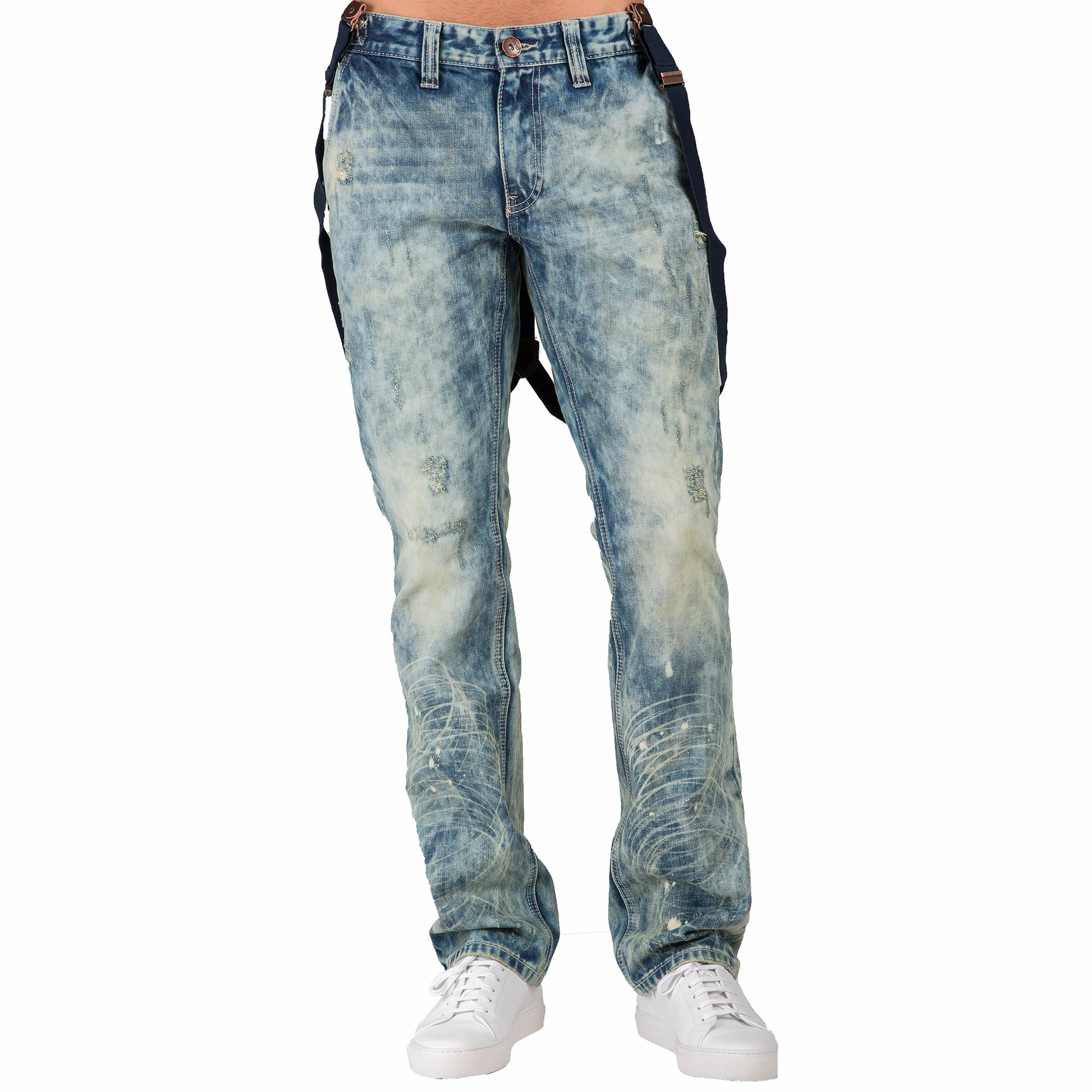 Slim Straight Premium Denim Distressed Acid Washed 5 Pocket Jeans Placket Closure