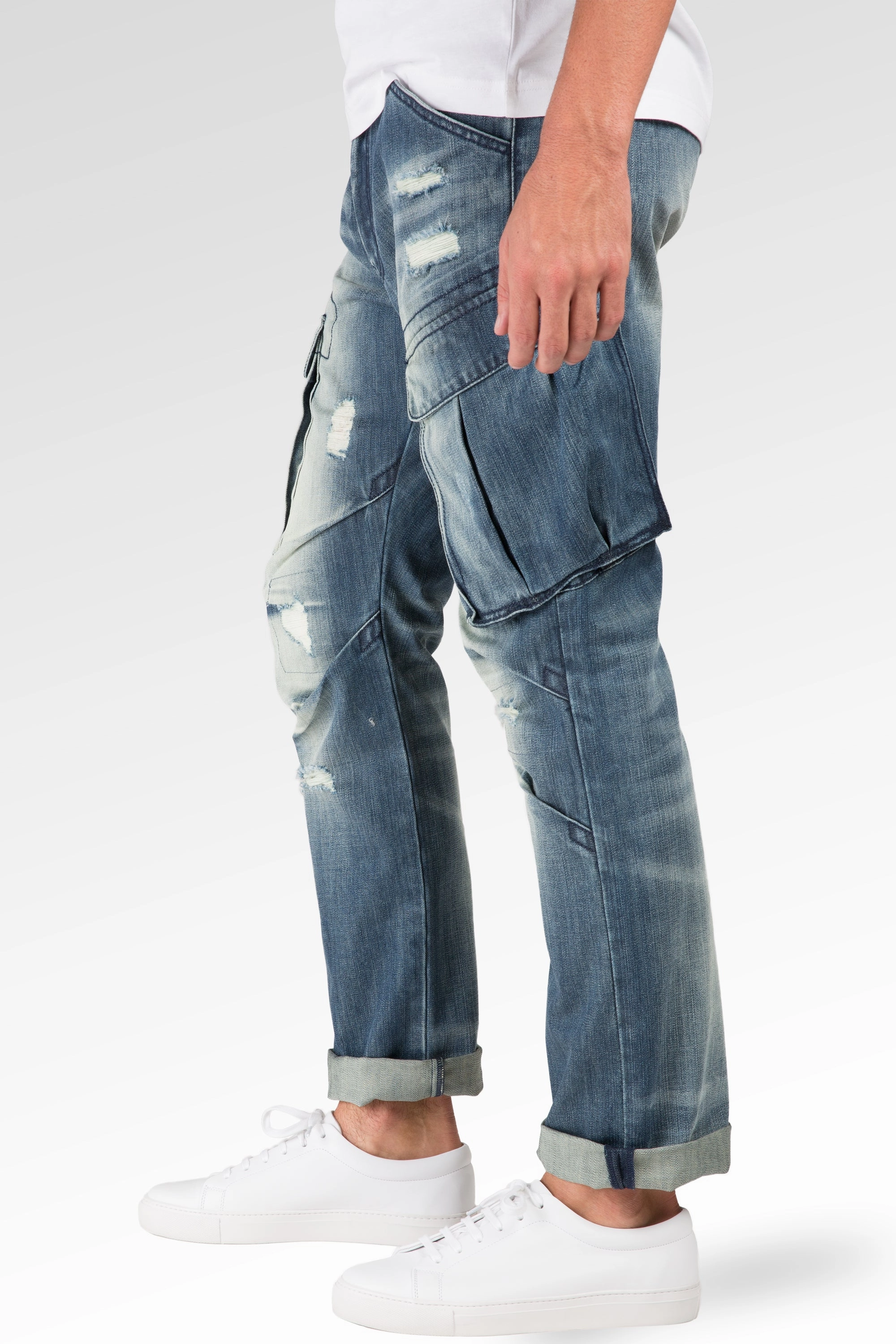 Slim Straight Premium Denim Distressed Cargo Pocket Jeans Intense Blast Glitter Glow