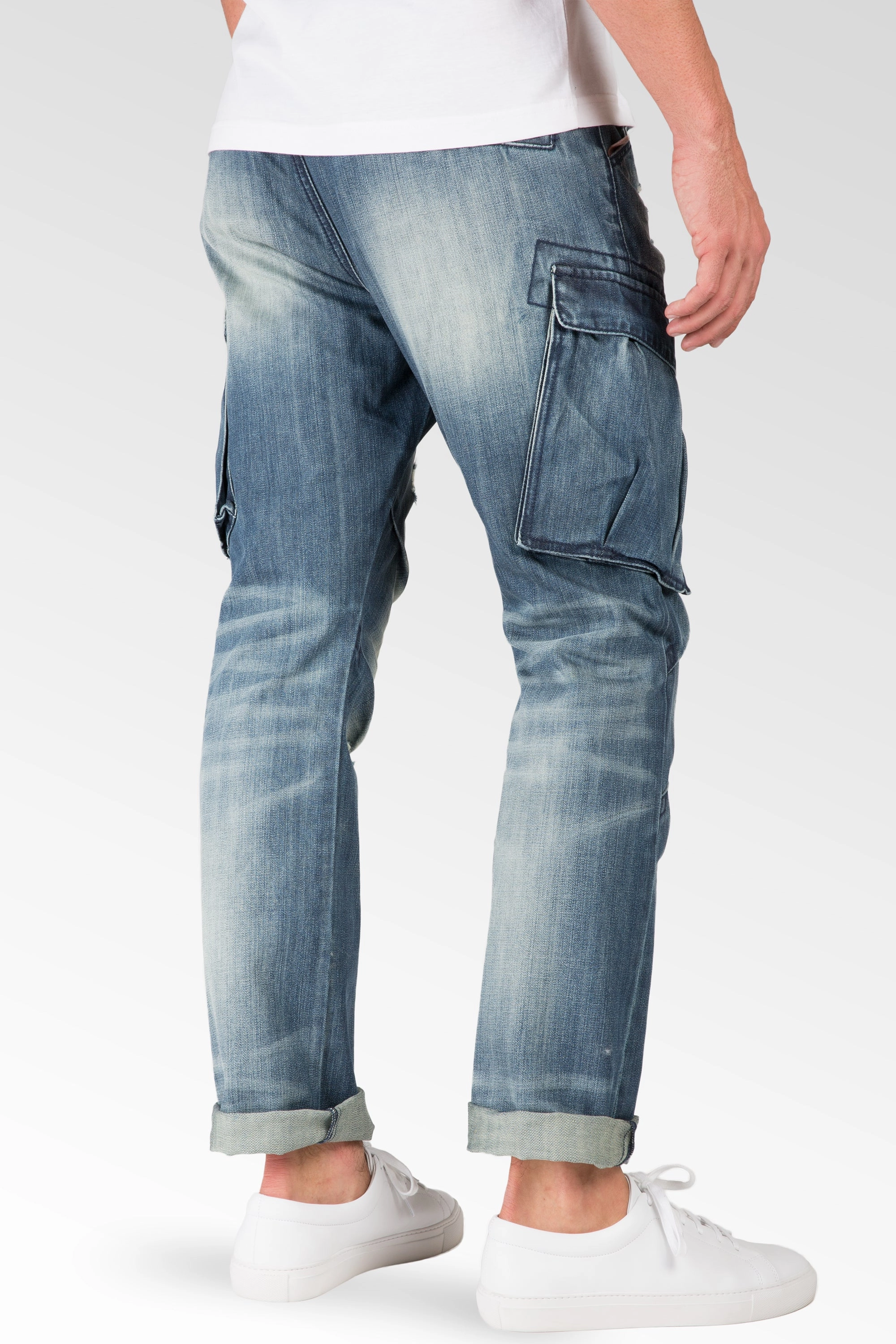 Slim Straight Premium Denim Distressed Cargo Pocket Jeans Intense Blast Laid-Back Outfit PillingResistant