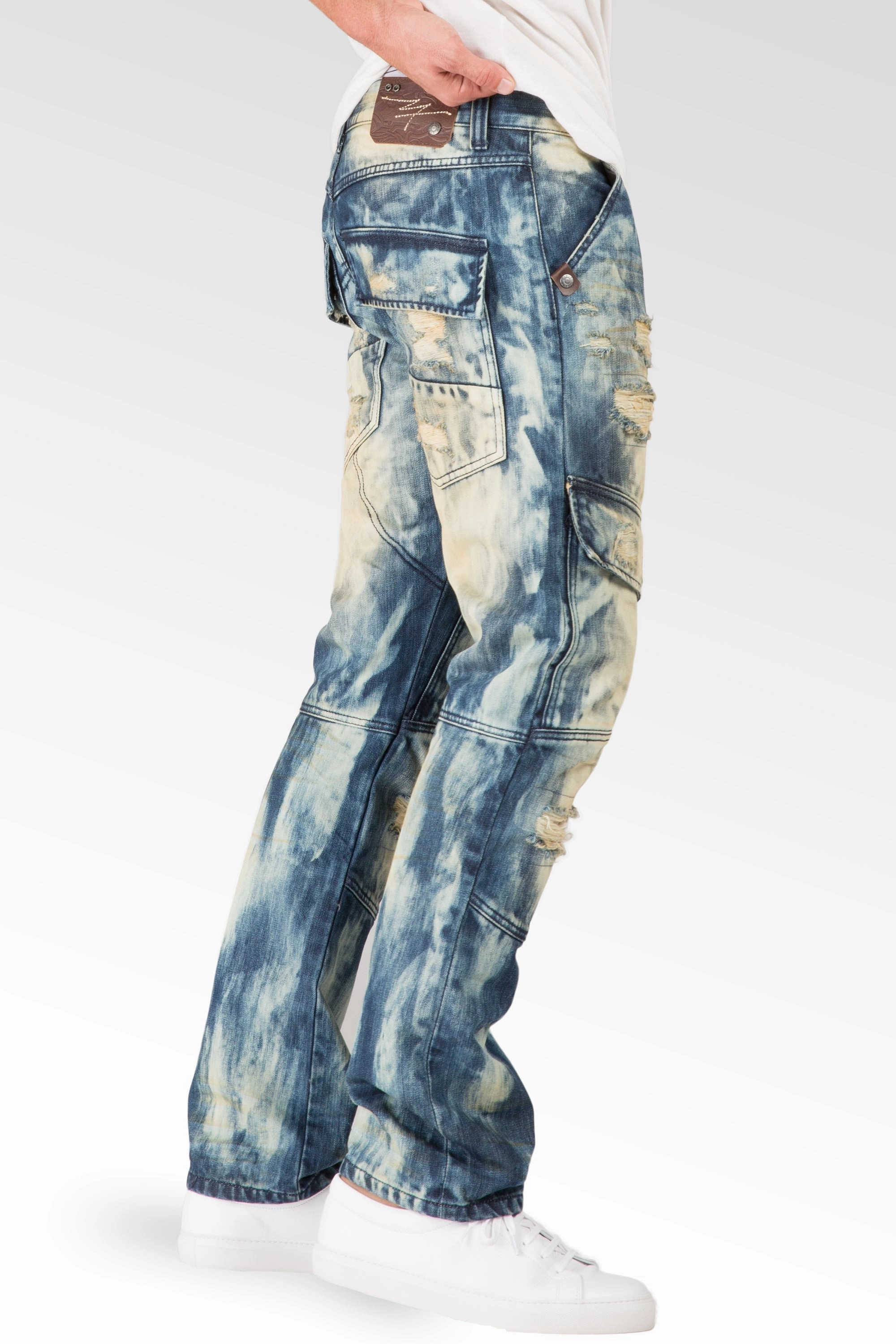 Teacher Chic UVProtection Slim Straight Premium Denim Tainted Front Cargo Pocket Jeans Ripped Mended