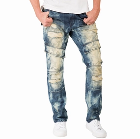 Slim Straight Premium Denim Tainted Front Cargo Pocket Jeans Ripped Mended Chic Jacket