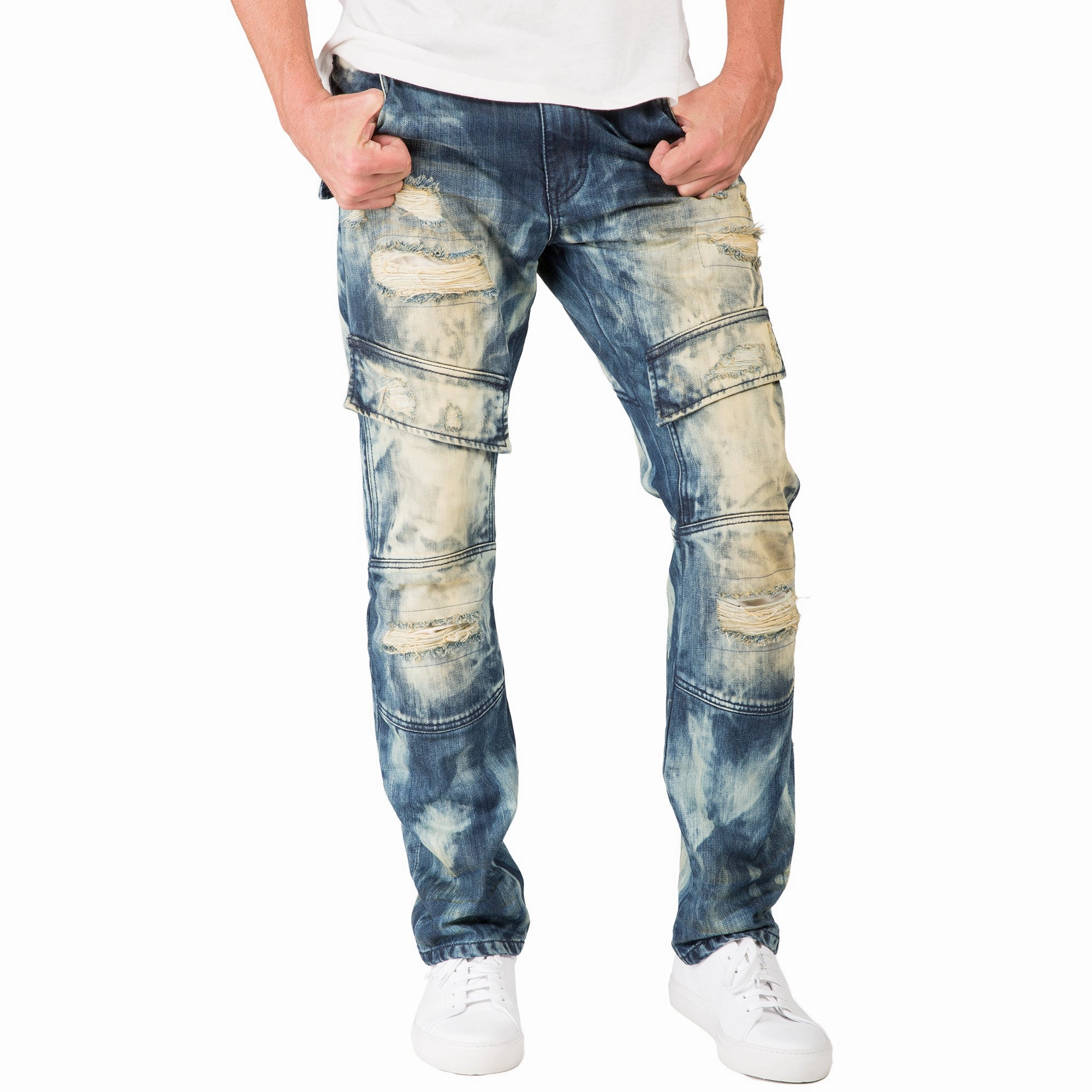 Slim Straight Premium Denim Tainted Front Cargo Pocket Jeans Ripped Mended Chic Jacket