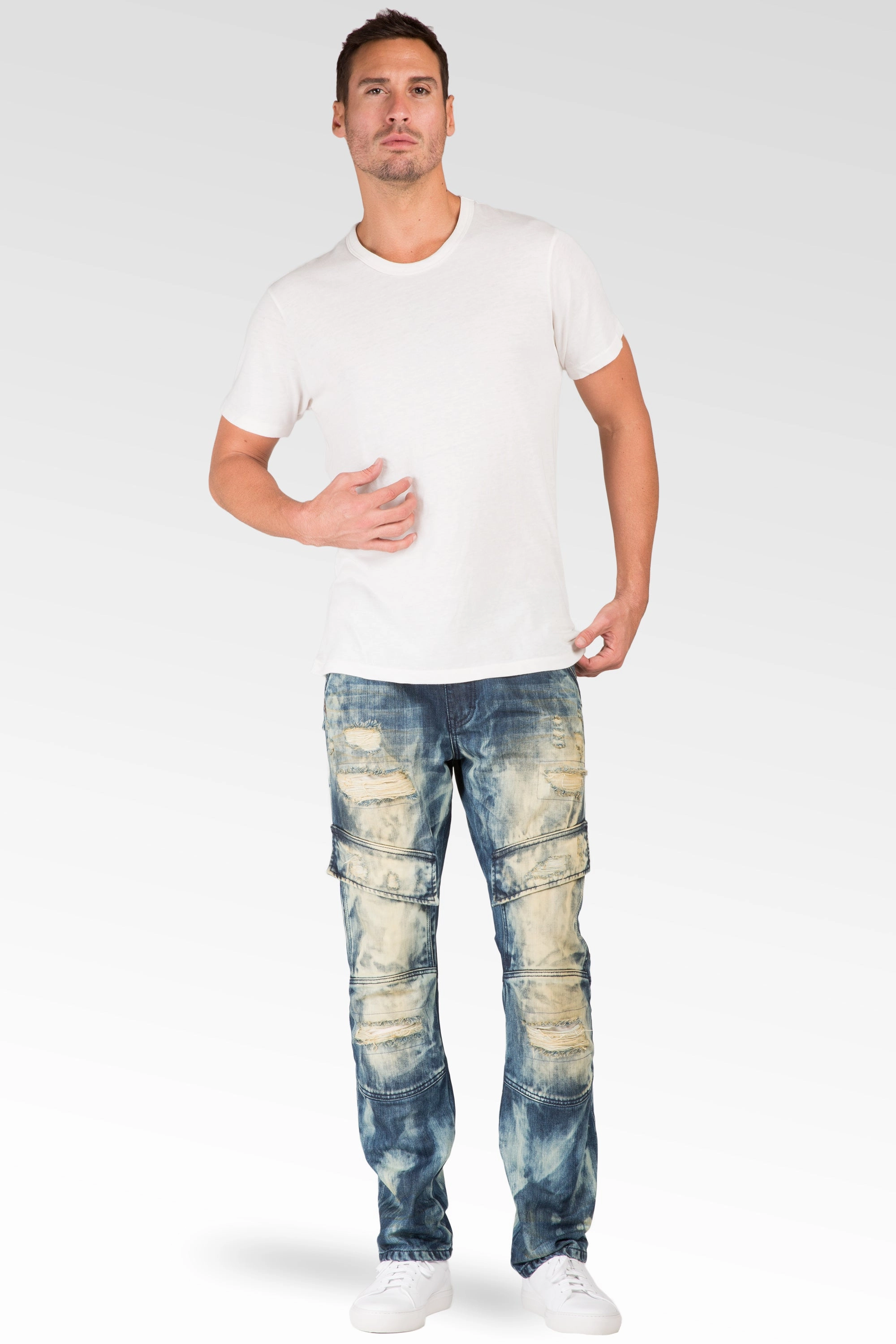 Slim Straight Premium Denim Tainted Front Cargo Pocket Jeans Ripped Mended Flexible Joints Rain Proof