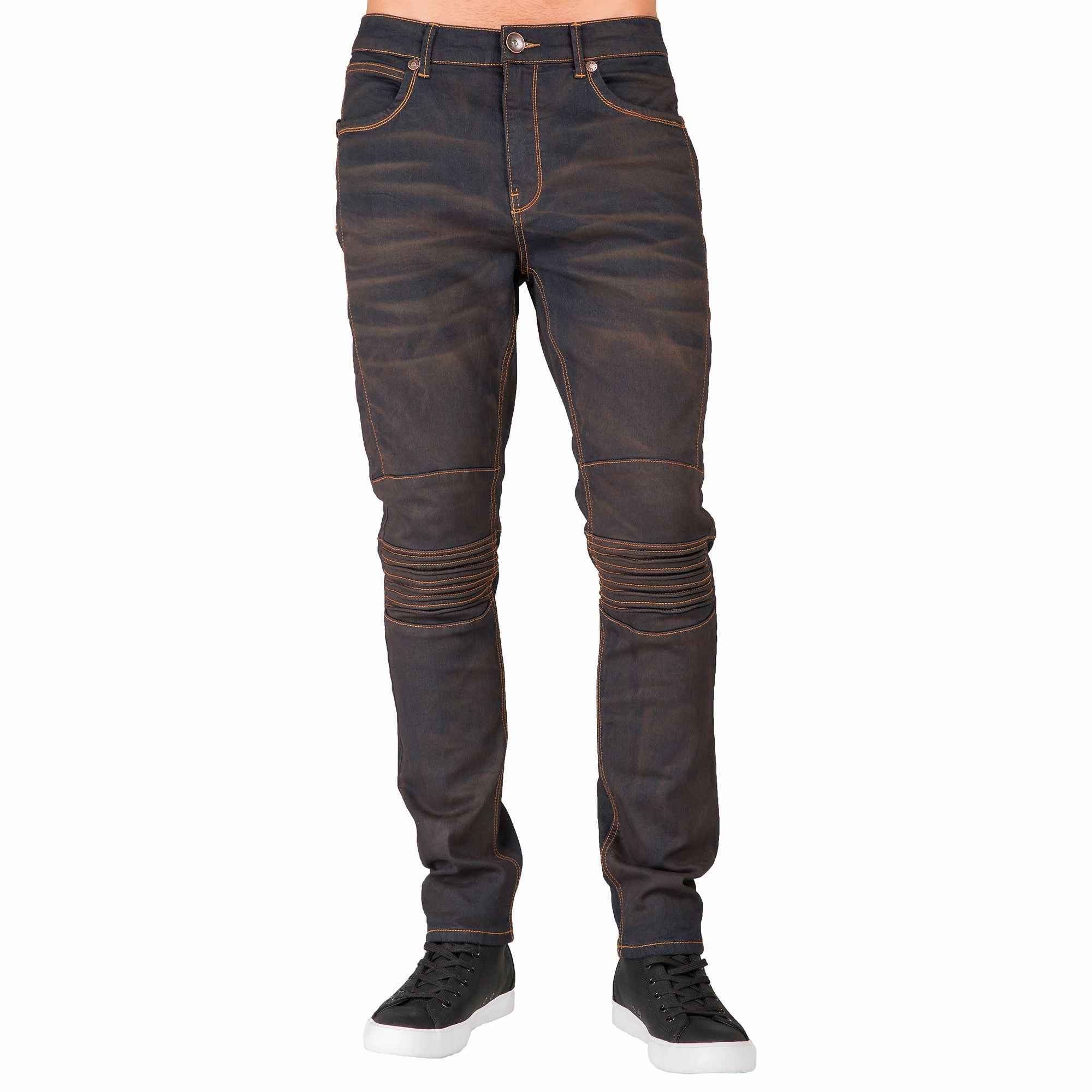 Stylish Jumper Slim Tapered Leg Premium Knit Denim Moto Jeans Copper Tainted Wash