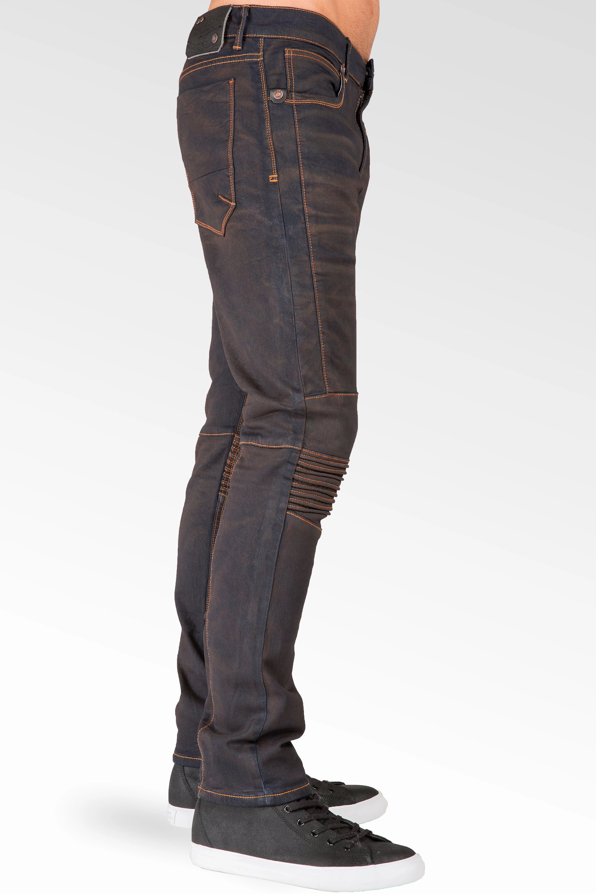 Slim Tapered Leg Premium Knit Denim Moto Jeans Copper Tainted Wash Comfortable Fashion Dream Base