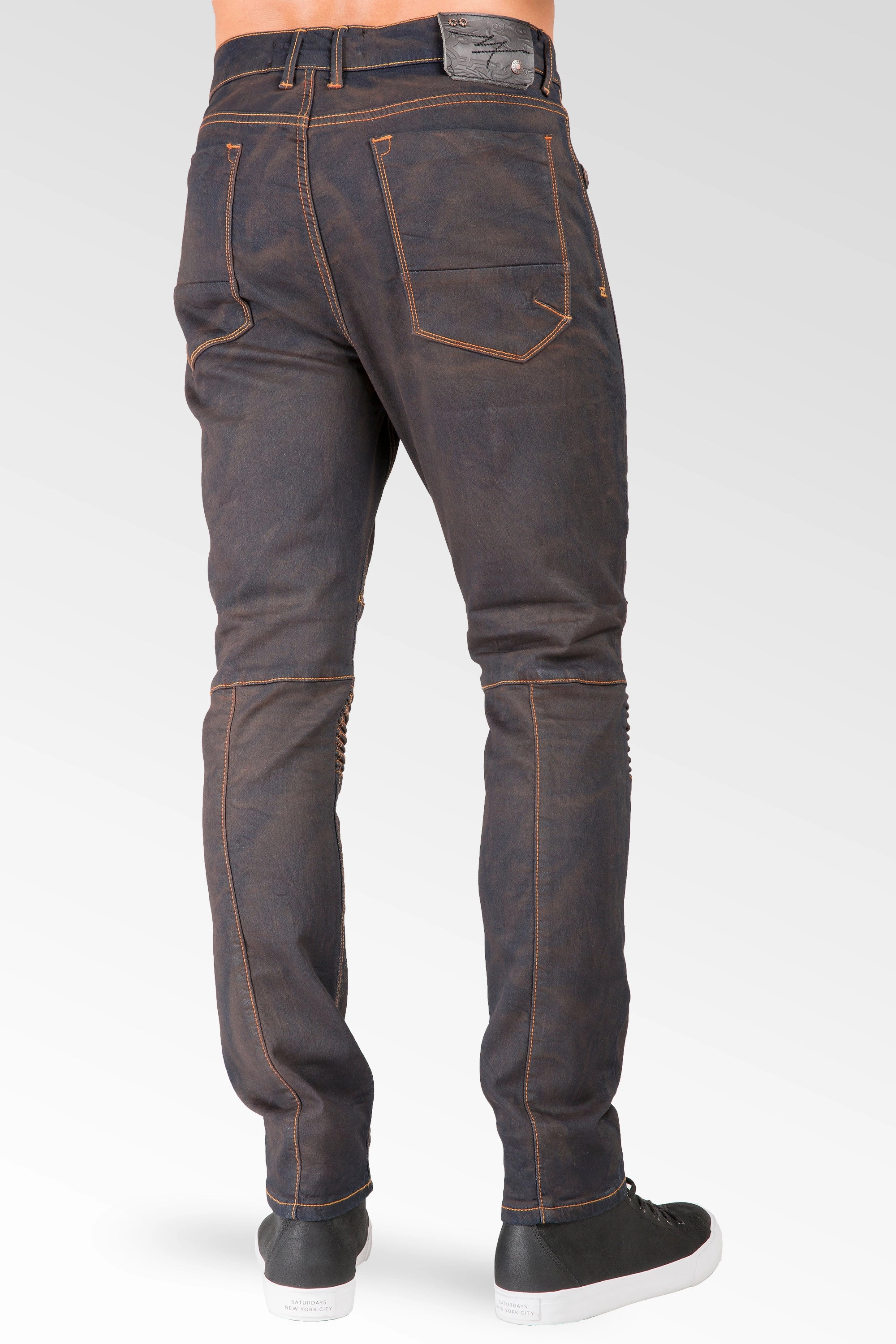 Slim Tapered Leg Premium Knit Denim Moto Jeans Copper Tainted Wash LightweightInsulation Soft Core