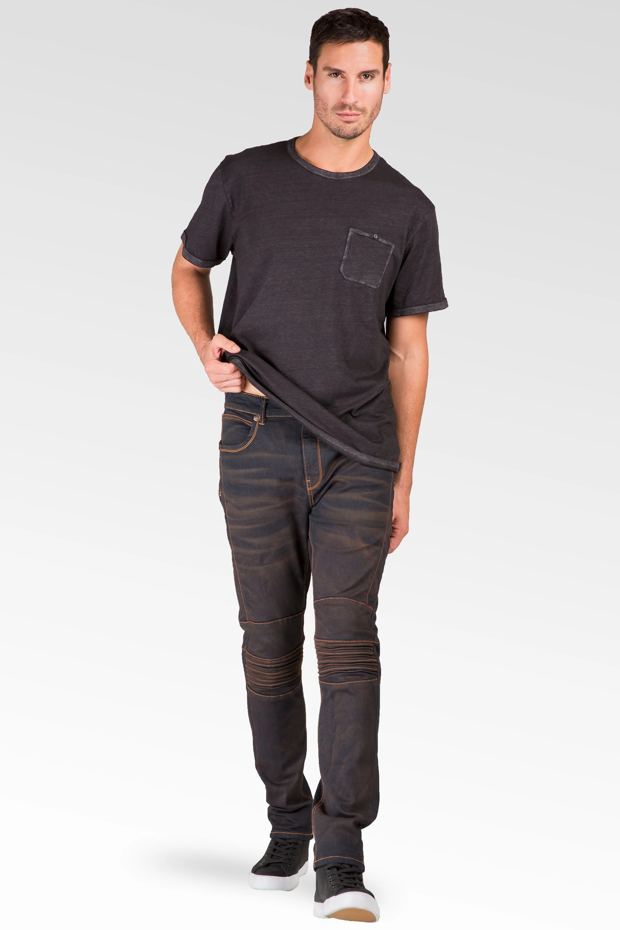 Lake Glow Forest Air Slim Tapered Leg Premium Knit Denim Moto Jeans Copper Tainted Wash