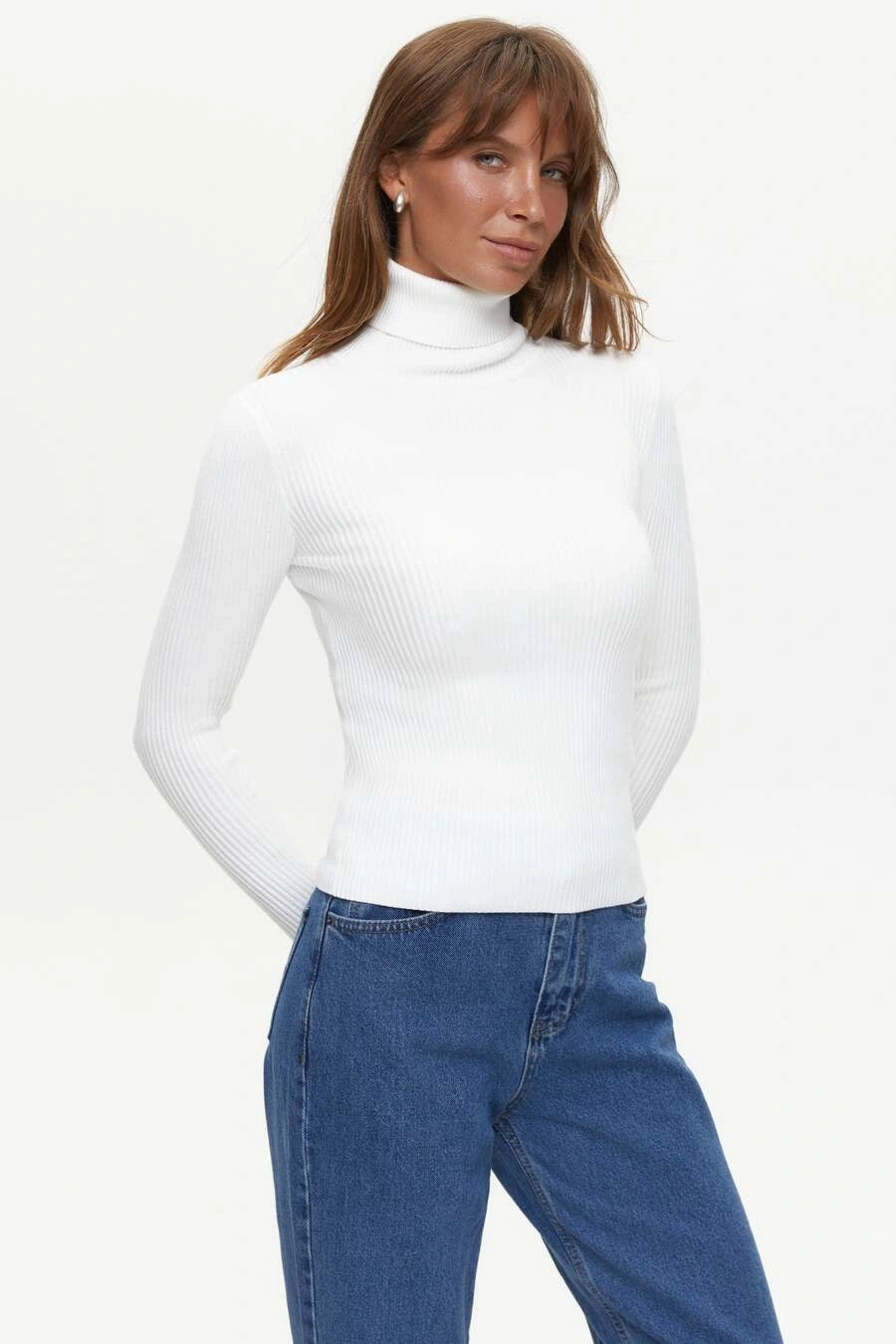 Chill Comfort Ribbed turtleneck sweater in color white