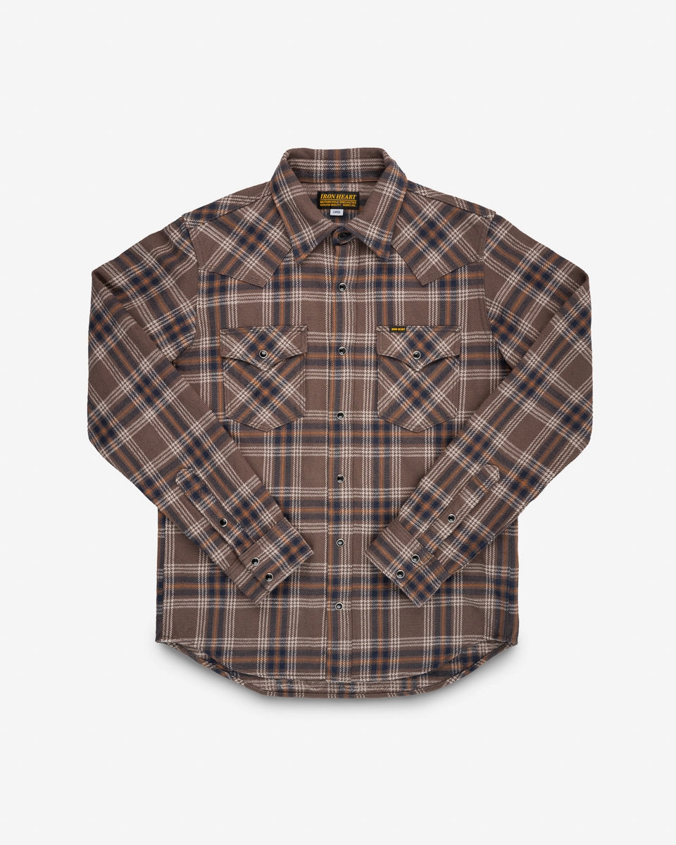 Slubby Heavy Flannel Check Western Shirt - Brown Calm Tone