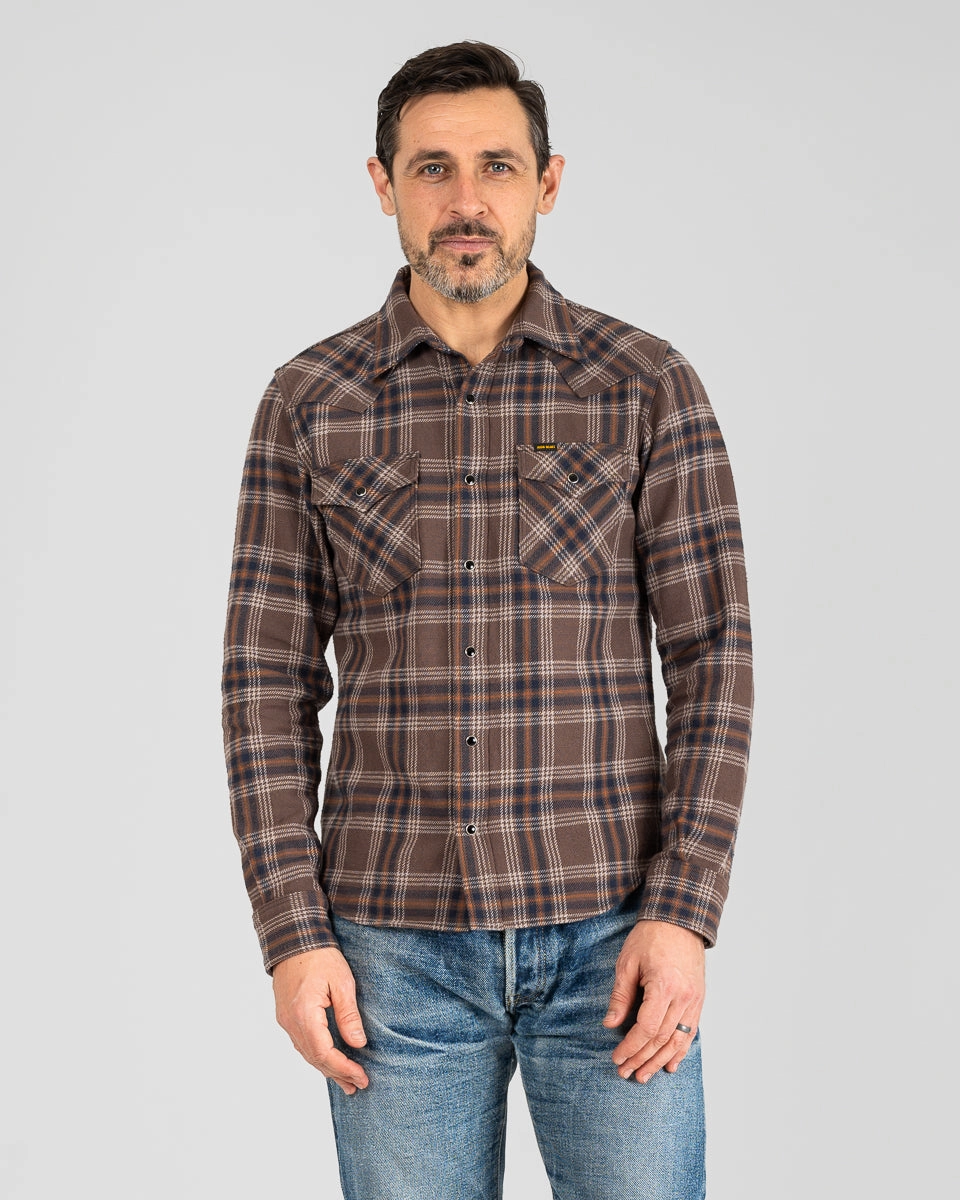 QuickDrying Fiber Slubby Heavy Flannel Check Western Shirt - Brown