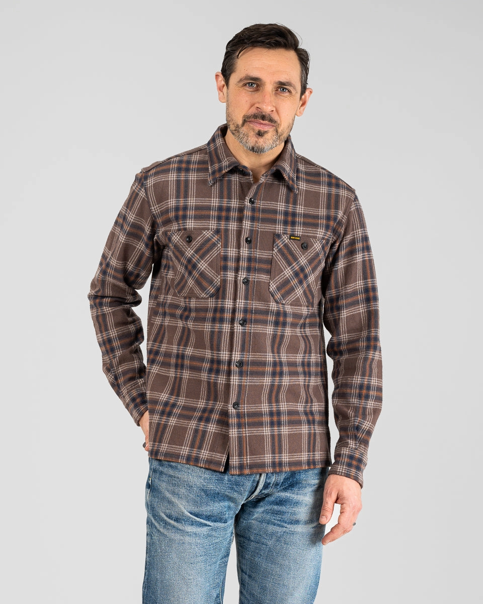 Slubby Heavy Flannel Check Work Overshirt - Brown Universal Clasp Mechanism