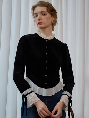 ??Final Sale??Alice Contrast Lace Ruffle Trim Velvet Blouse retro look FlexibleElasticity
