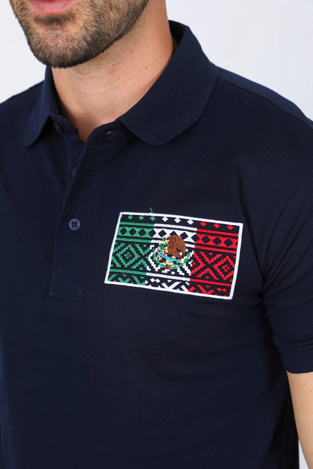 Mens Modern Fit Stretch MEXICO Embroidery Polo Seamless Side Panels Reinforced Shoulders